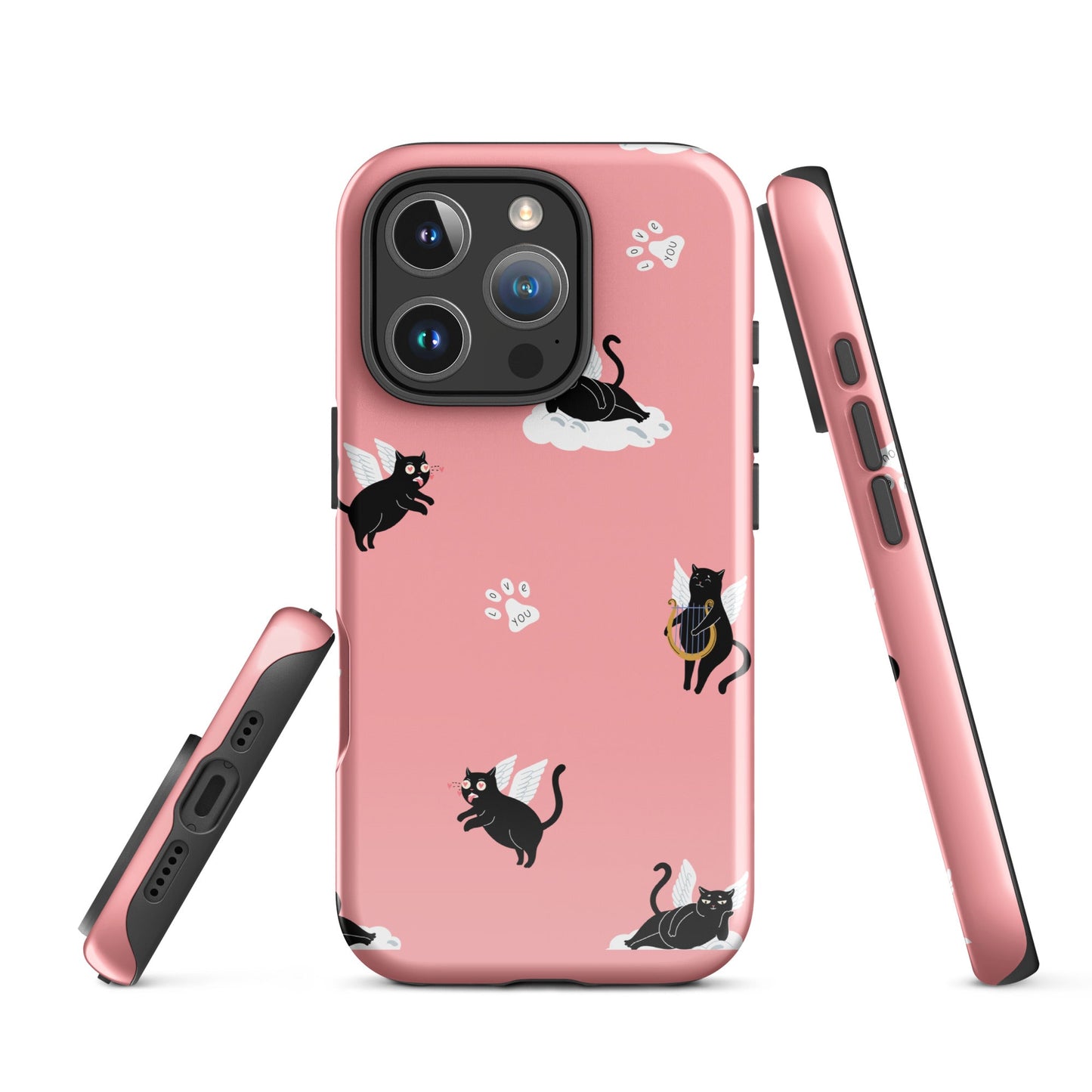 Cute Cat Wing Phone Case - Pink Background with Paw Prints - Sublimegifts4u.com