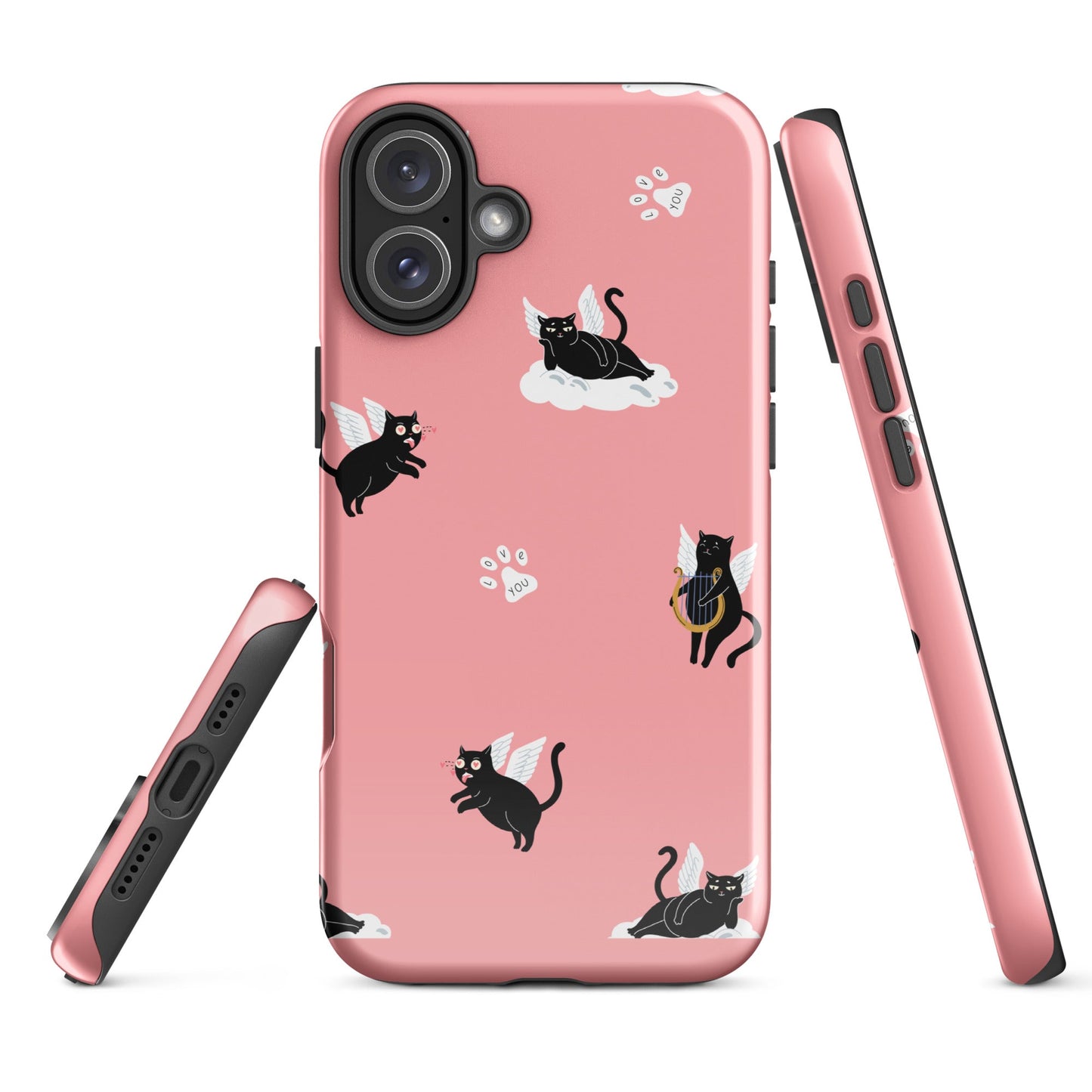 Cute Cat Wing Phone Case - Pink Background with Paw Prints - Sublimegifts4u.com