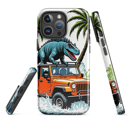 Durable iPhone Tough Case with Palm Trees & Dinosaur on Jeep | Dual - Layer Protection - Sublimegifts4u.com