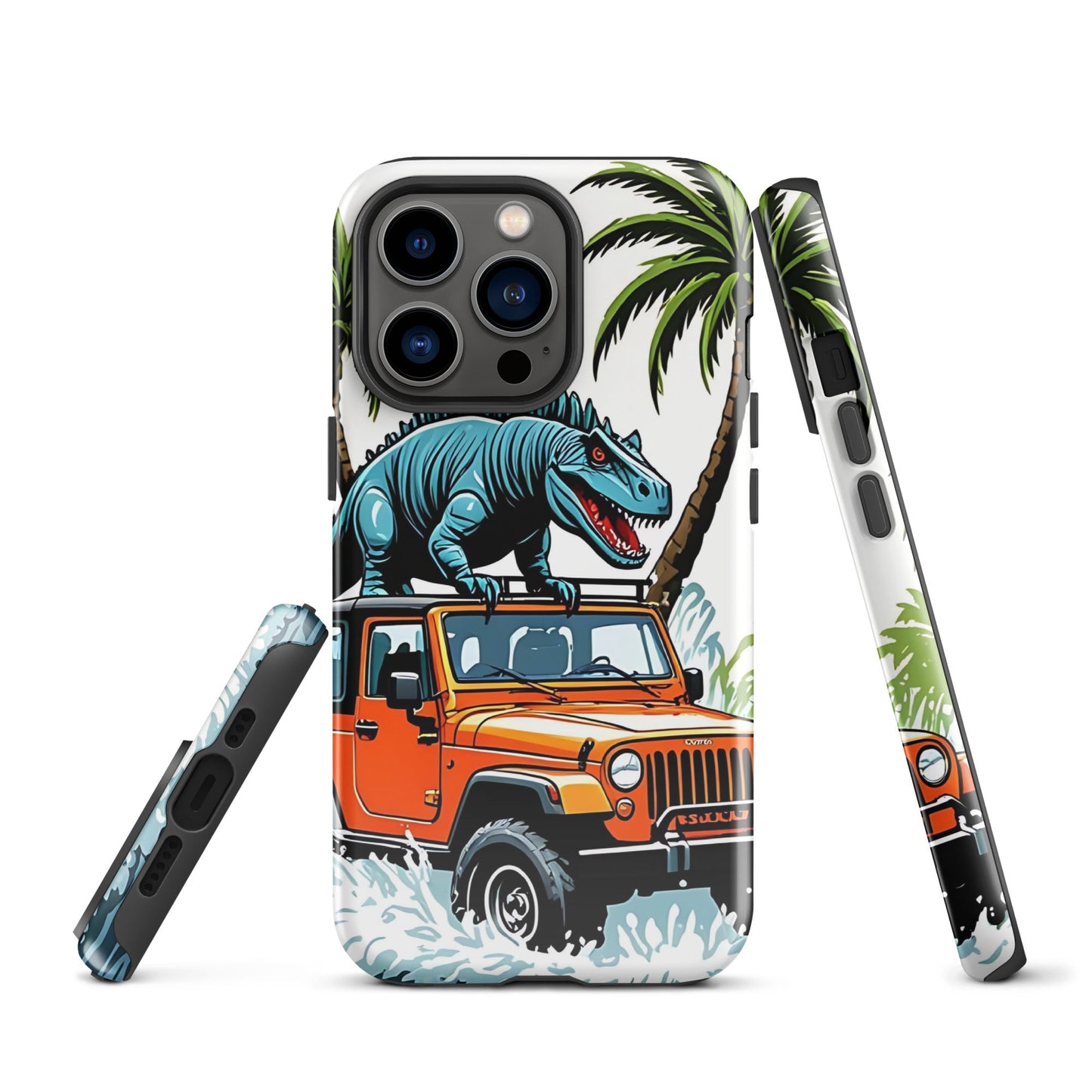 Durable iPhone Tough Case with Palm Trees & Dinosaur on Jeep | Dual - Layer Protection - Sublimegifts4u.com