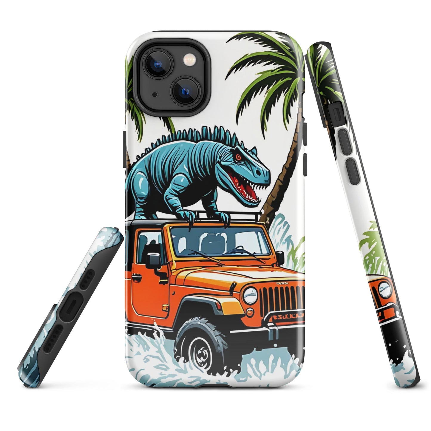 Durable iPhone Tough Case with Palm Trees & Dinosaur on Jeep | Dual - Layer Protection - Sublimegifts4u.com