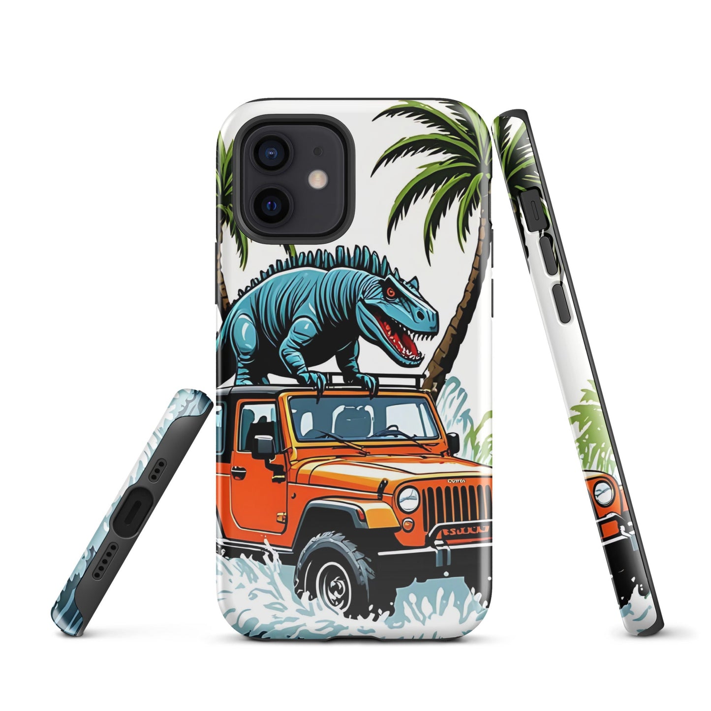 Durable iPhone Tough Case with Palm Trees & Dinosaur on Jeep | Dual - Layer Protection - Sublimegifts4u.com