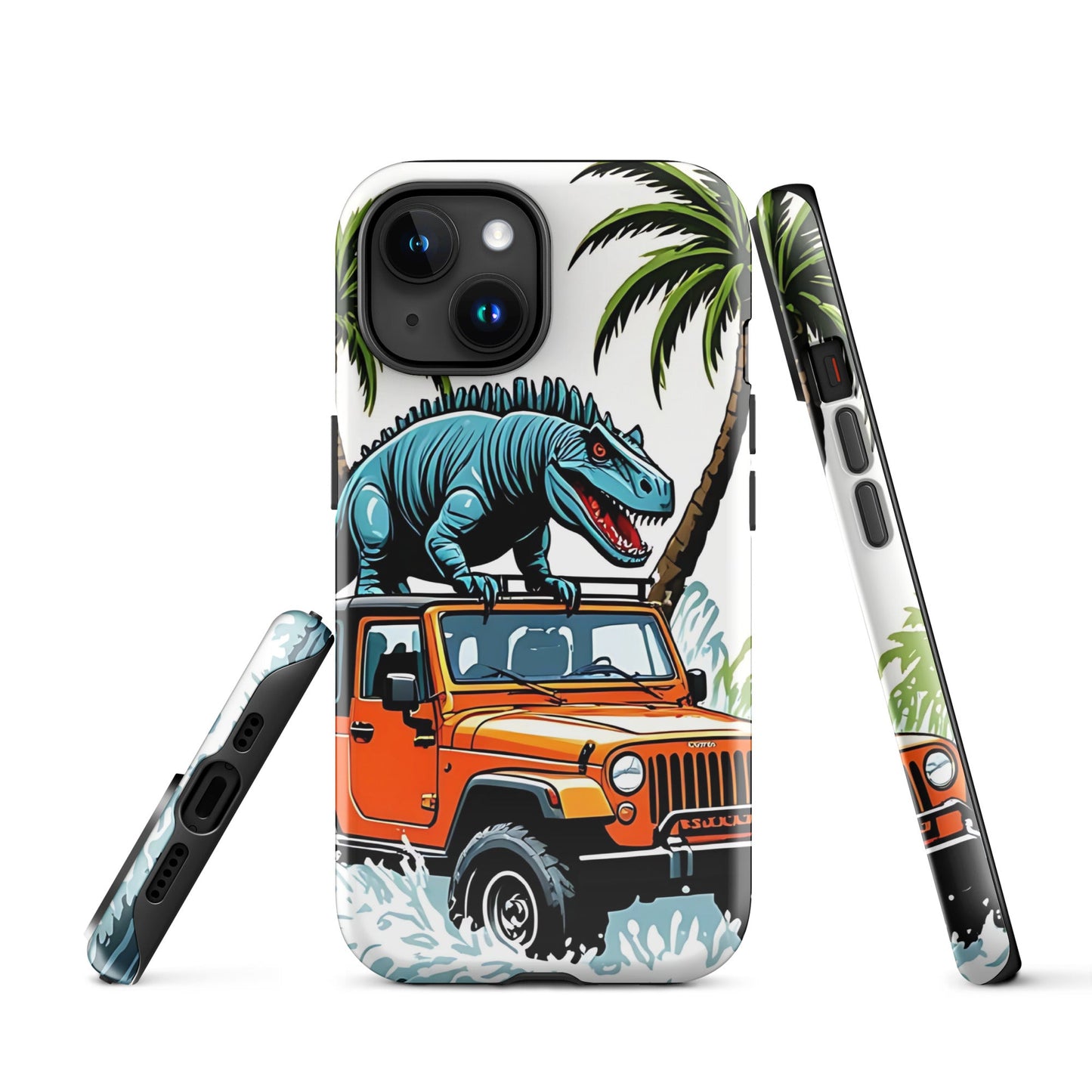 Durable iPhone Tough Case with Palm Trees & Dinosaur on Jeep | Dual - Layer Protection - Sublimegifts4u.com