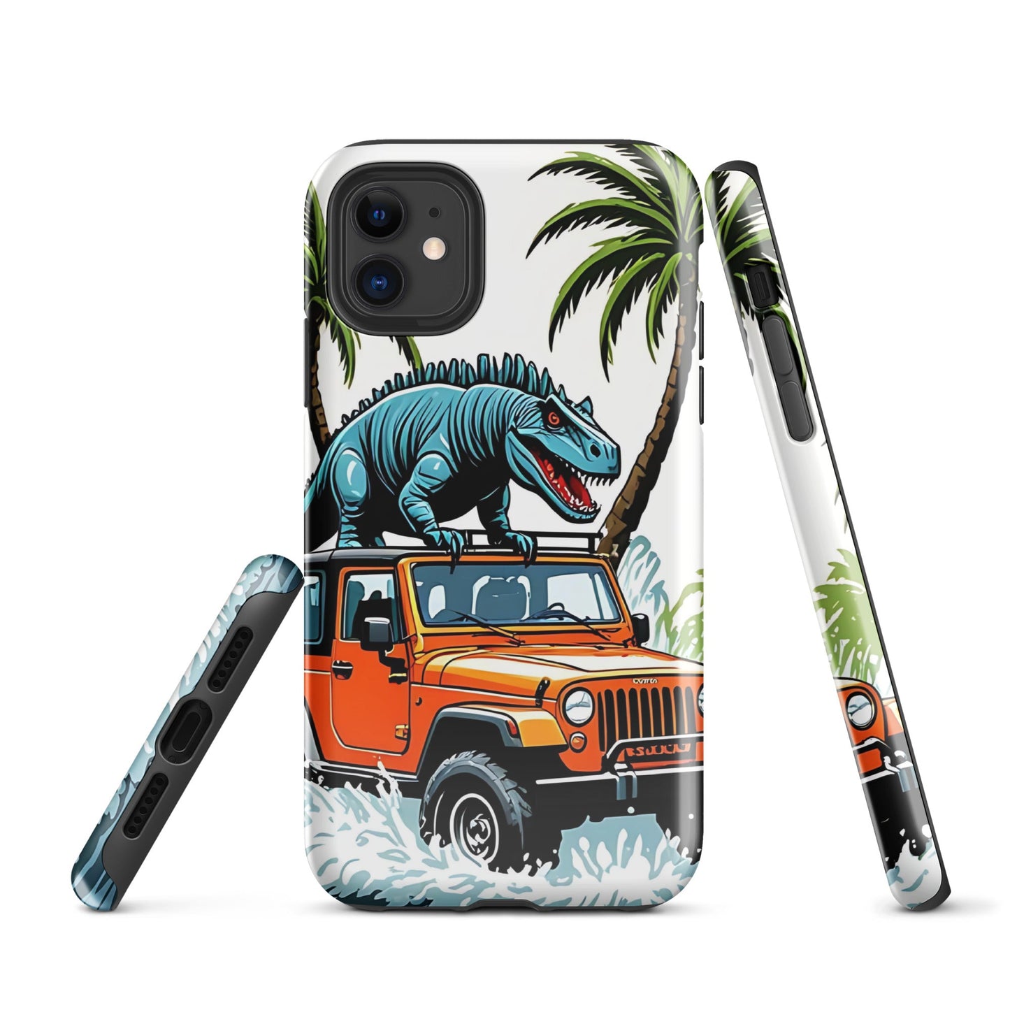 Durable iPhone Tough Case with Palm Trees & Dinosaur on Jeep | Dual - Layer Protection - Sublimegifts4u.com