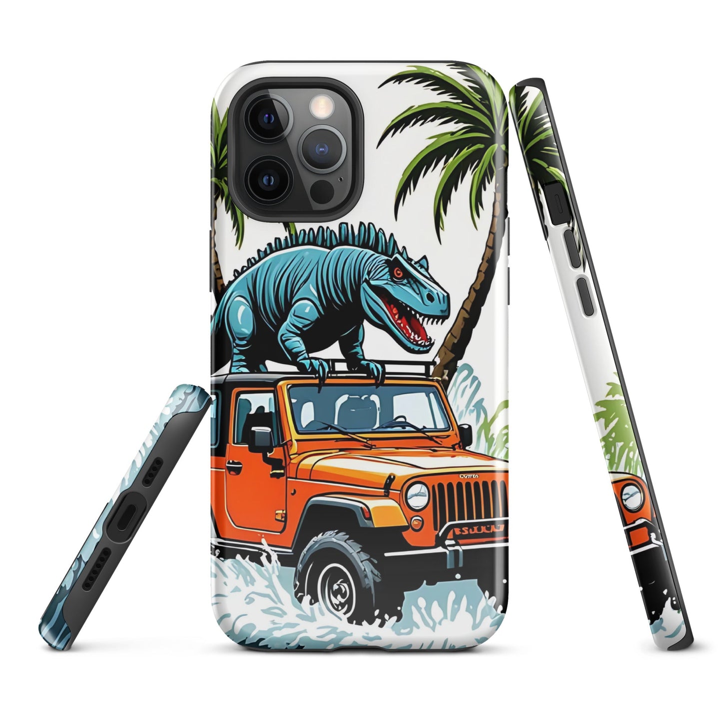 Durable iPhone Tough Case with Palm Trees & Dinosaur on Jeep | Dual - Layer Protection - Sublimegifts4u.com