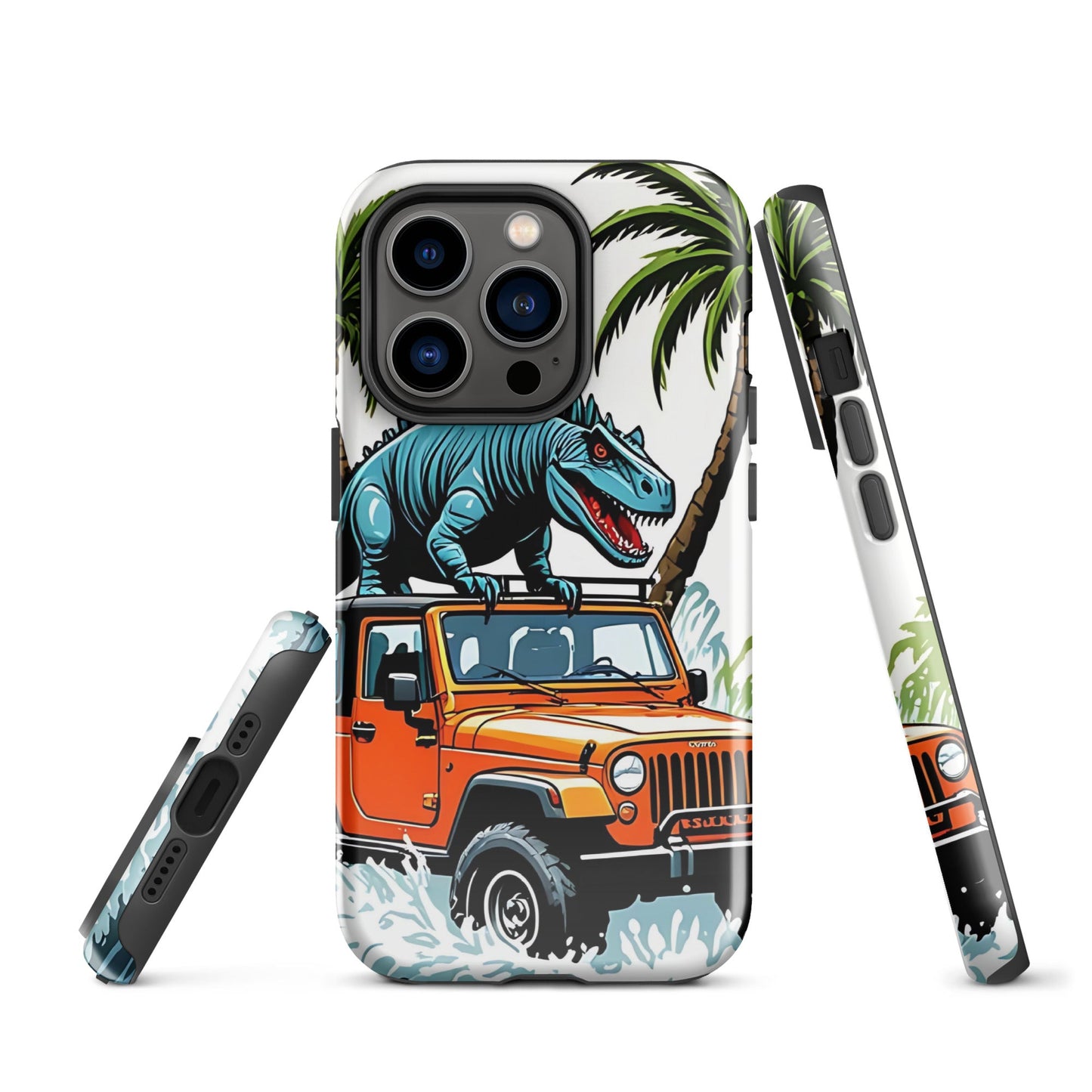 Durable iPhone Tough Case with Palm Trees & Dinosaur on Jeep | Dual - Layer Protection - Sublimegifts4u.com