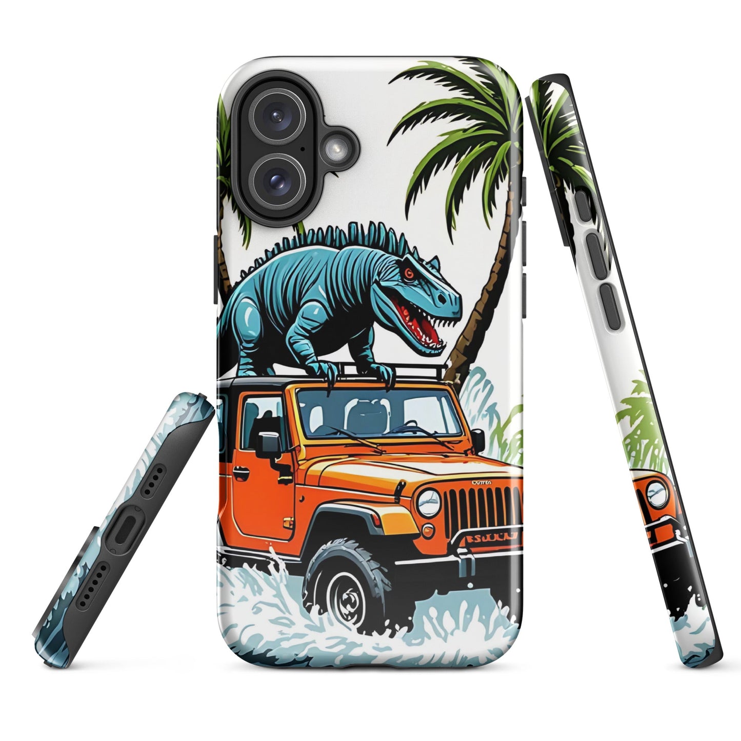 Durable iPhone Tough Case with Palm Trees & Dinosaur on Jeep | Dual - Layer Protection - Sublimegifts4u.com