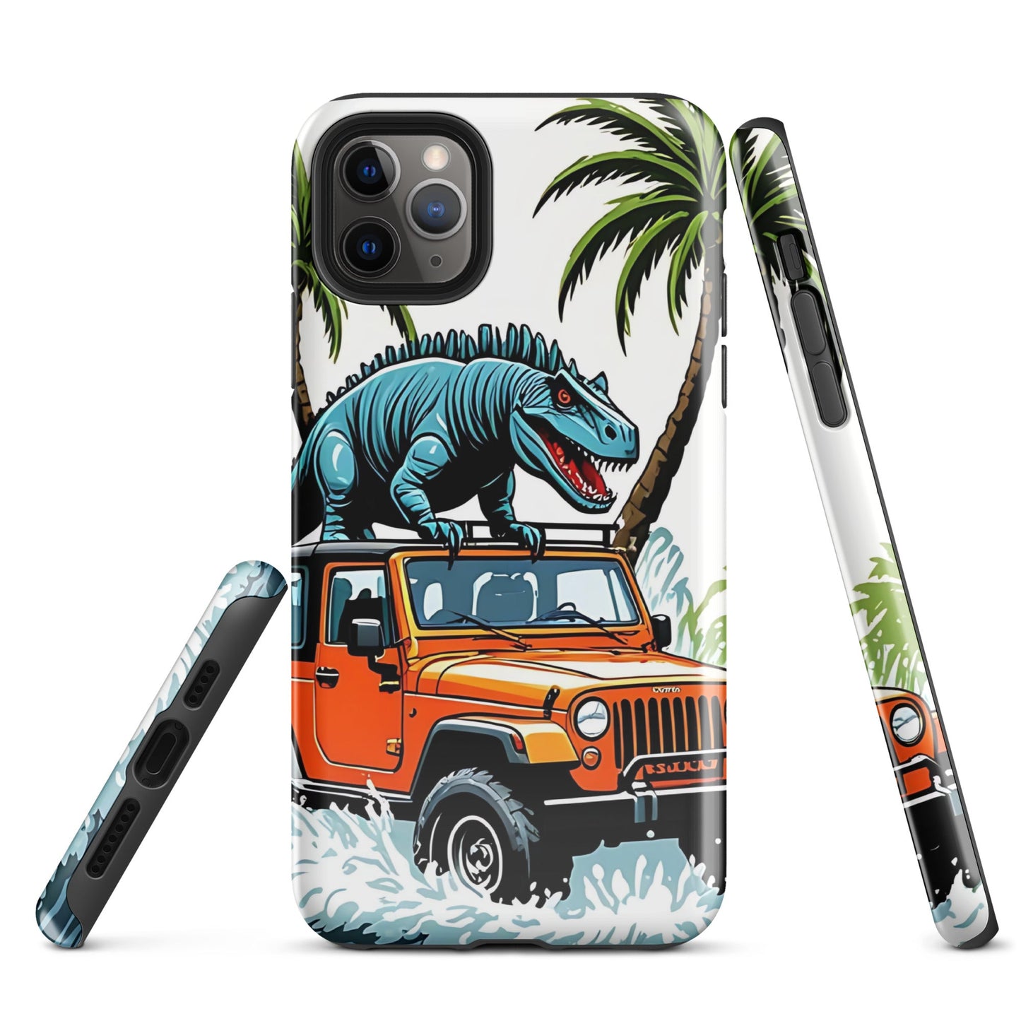 Durable iPhone Tough Case with Palm Trees & Dinosaur on Jeep | Dual - Layer Protection - Sublimegifts4u.com