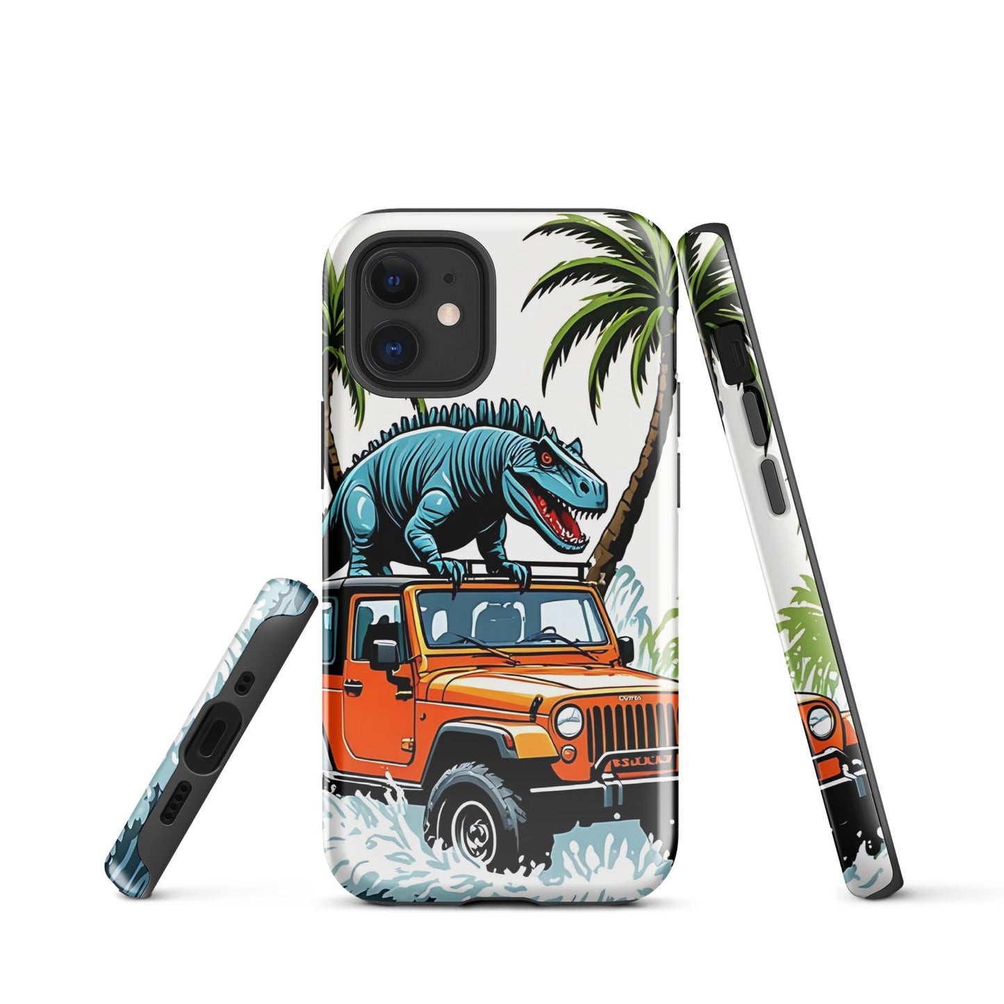 Durable iPhone Tough Case with Palm Trees & Dinosaur on Jeep | Dual - Layer Protection - Sublimegifts4u.com