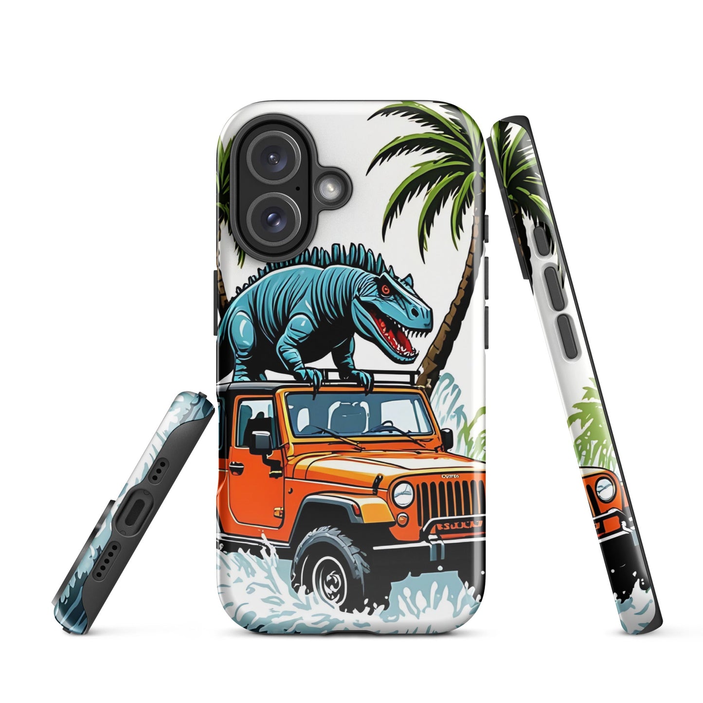 Durable iPhone Tough Case with Palm Trees & Dinosaur on Jeep | Dual - Layer Protection - Sublimegifts4u.com