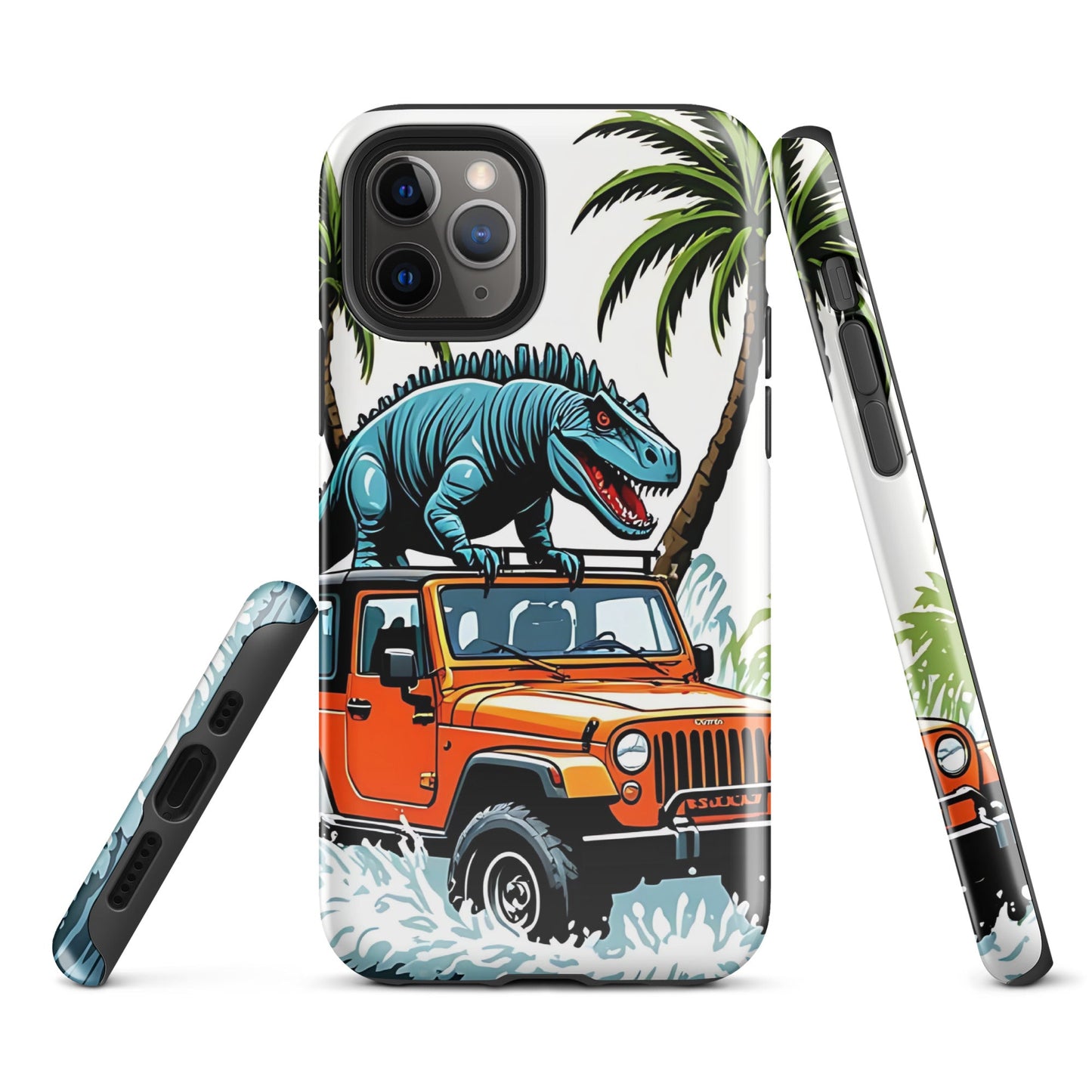 Durable iPhone Tough Case with Palm Trees & Dinosaur on Jeep | Dual - Layer Protection - Sublimegifts4u.com