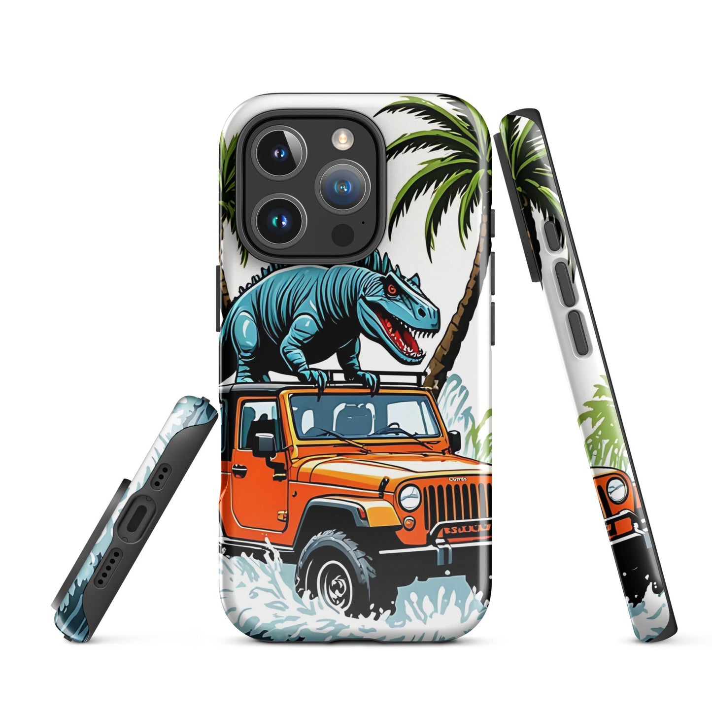 Durable iPhone Tough Case with Palm Trees & Dinosaur on Jeep | Dual - Layer Protection - Sublimegifts4u.com