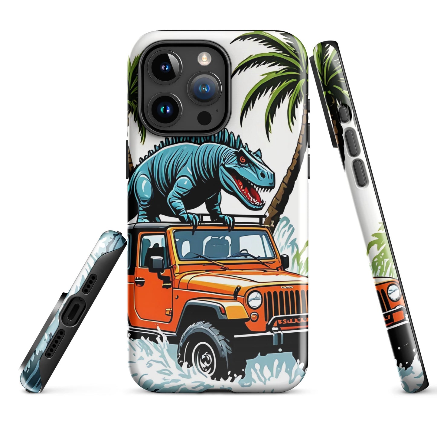 Durable iPhone Tough Case with Palm Trees & Dinosaur on Jeep | Dual - Layer Protection - Sublimegifts4u.com