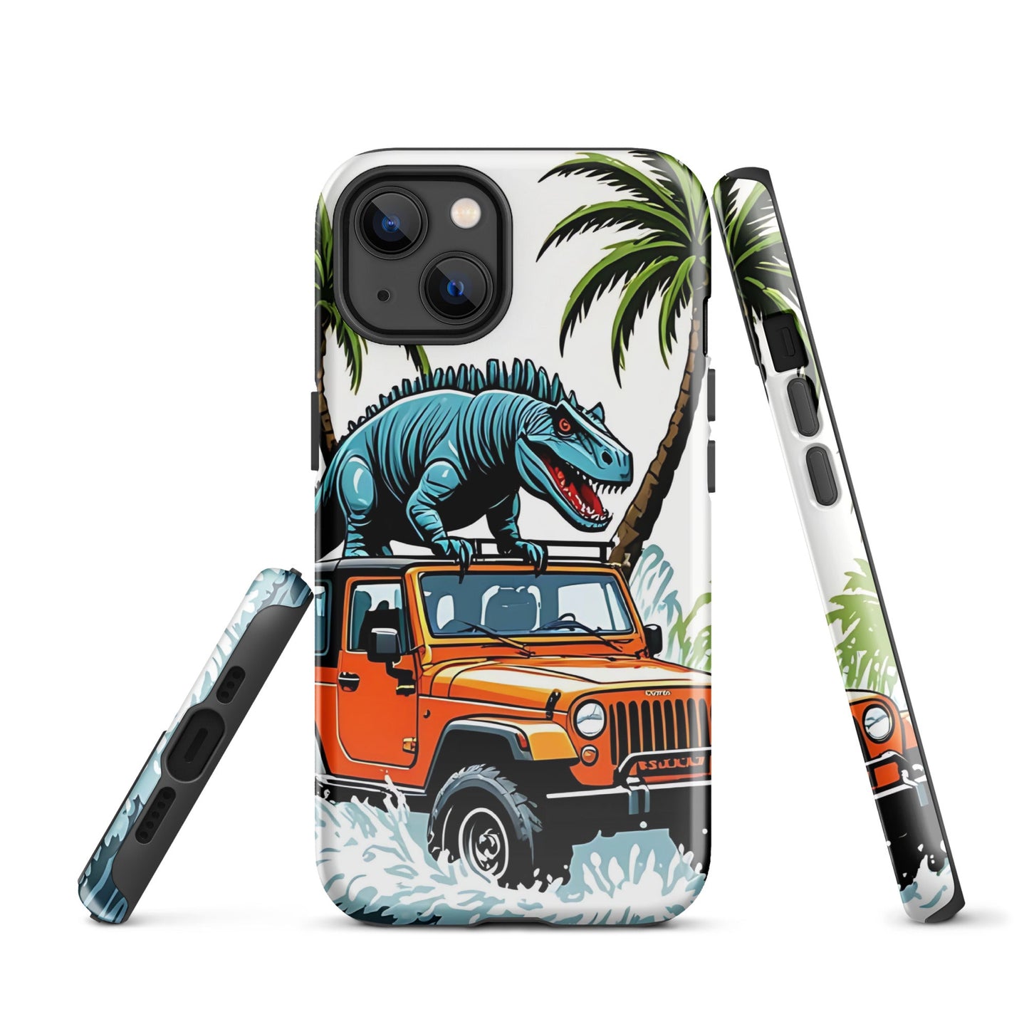 Durable iPhone Tough Case with Palm Trees & Dinosaur on Jeep | Dual - Layer Protection - Sublimegifts4u.com