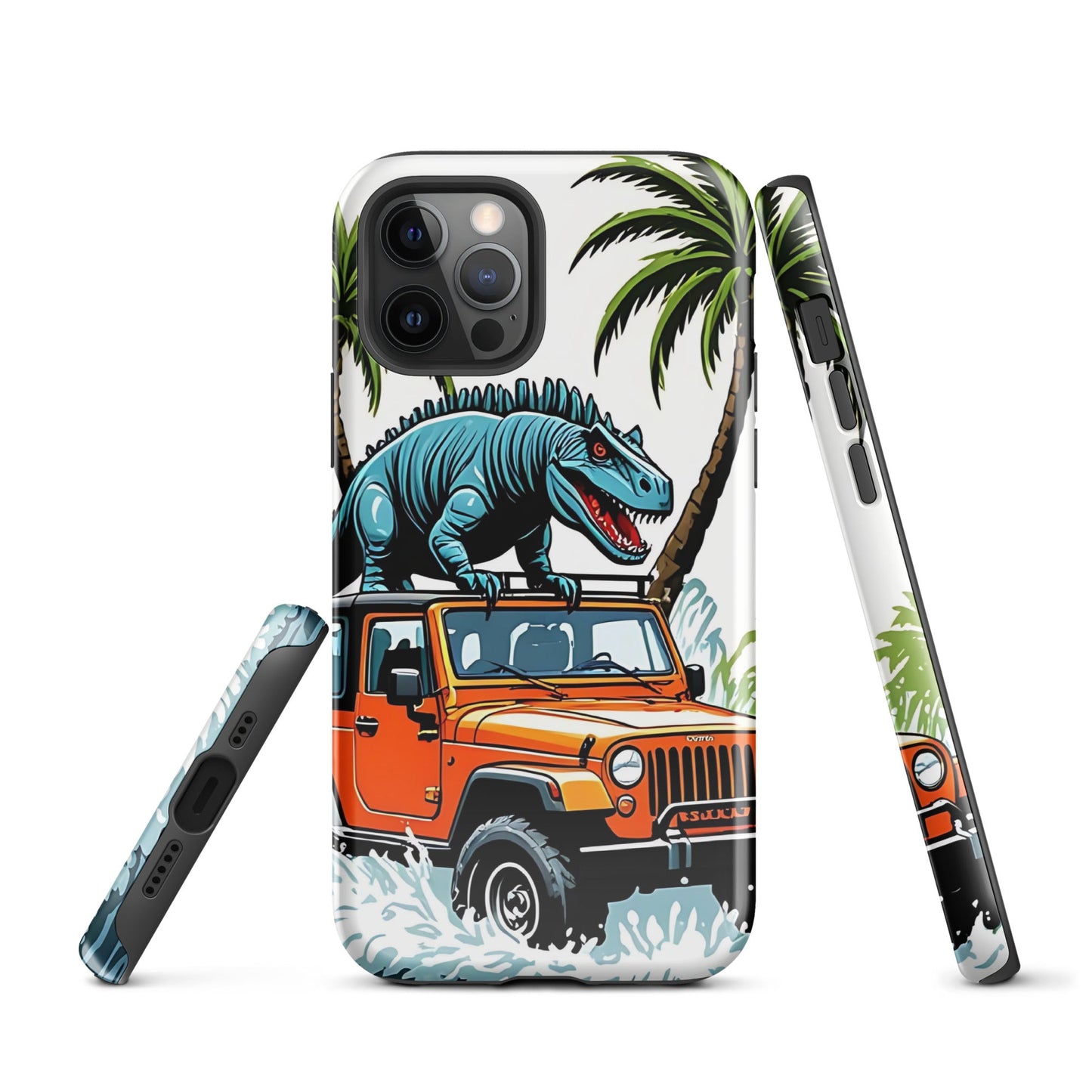 Durable iPhone Tough Case with Palm Trees & Dinosaur on Jeep | Dual - Layer Protection - Sublimegifts4u.com