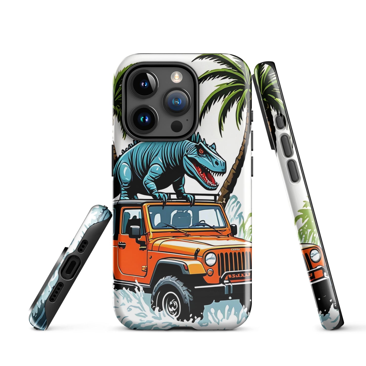 Durable iPhone Tough Case with Palm Trees & Dinosaur on Jeep | Dual - Layer Protection - Sublimegifts4u.com