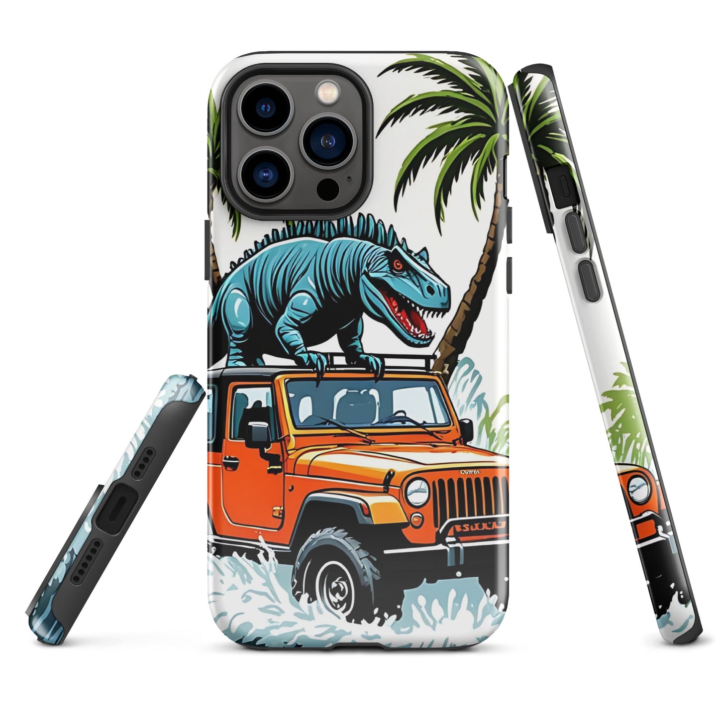 Durable iPhone Tough Case with Palm Trees & Dinosaur on Jeep | Dual - Layer Protection - Sublimegifts4u.com