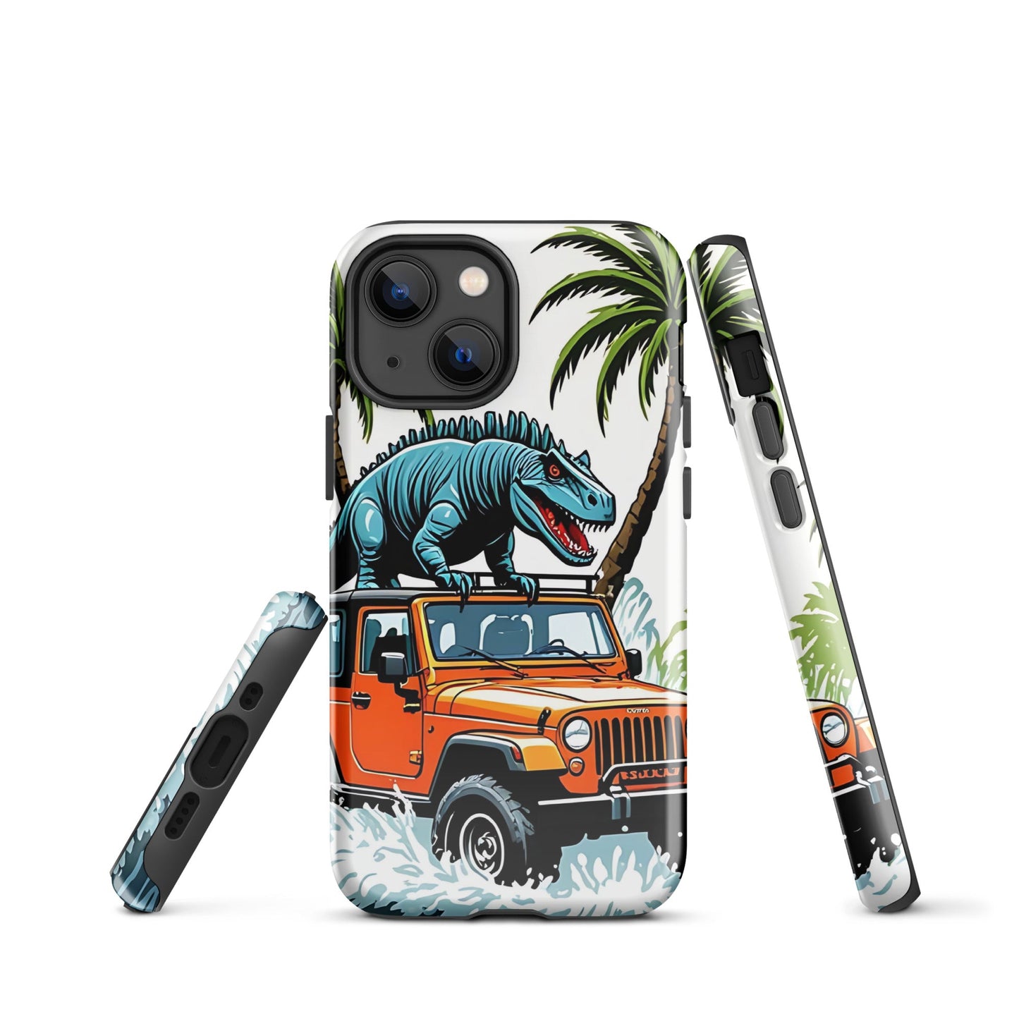 Durable iPhone Tough Case with Palm Trees & Dinosaur on Jeep | Dual - Layer Protection - Sublimegifts4u.com