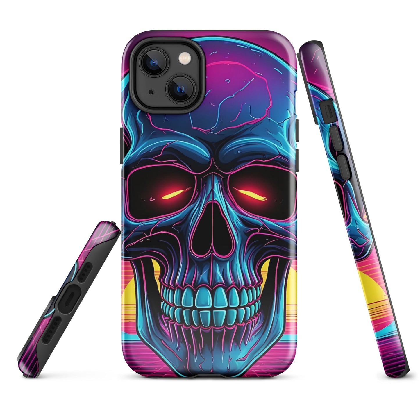 Edgy iPhone Tough Case with Neon Skull on Vibrant Background | Dual - Layer Protection - Sublimegifts4u.com