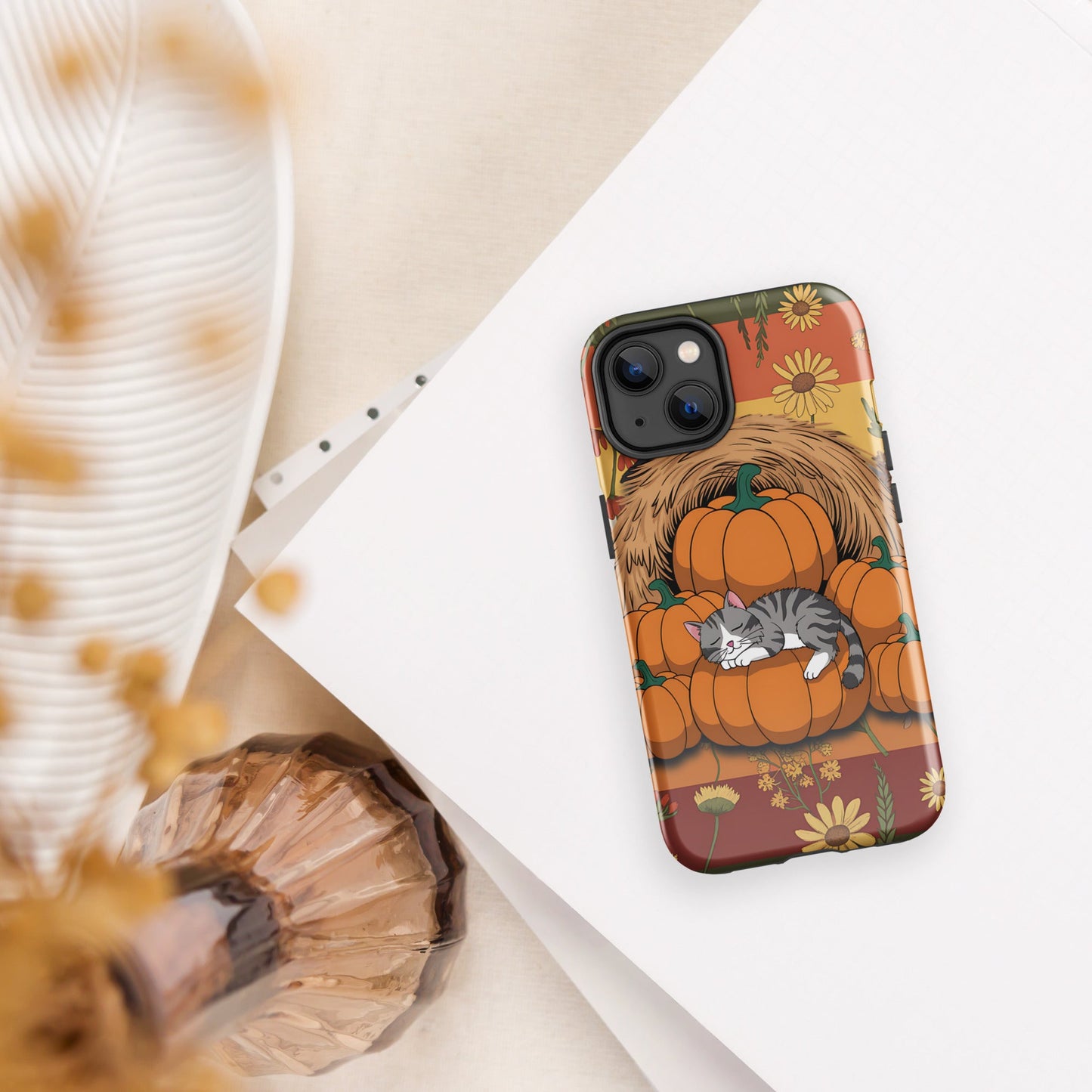 Fall Floral iPhone Case with Napping Cat on Pumpkins | Stylish & Durable Protection - Sublimegifts4u.com