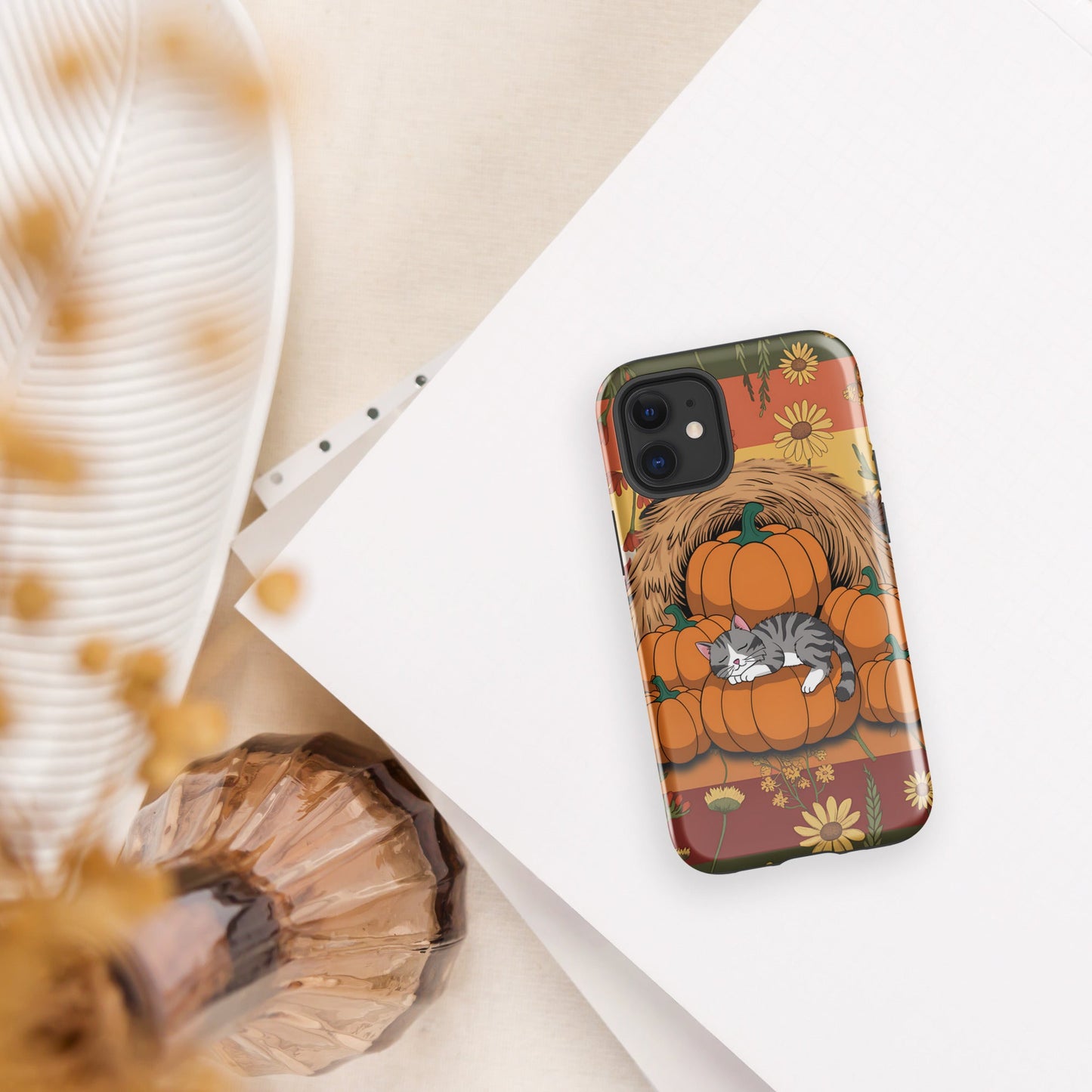 Fall Floral iPhone Case with Napping Cat on Pumpkins | Stylish & Durable Protection - Sublimegifts4u.com