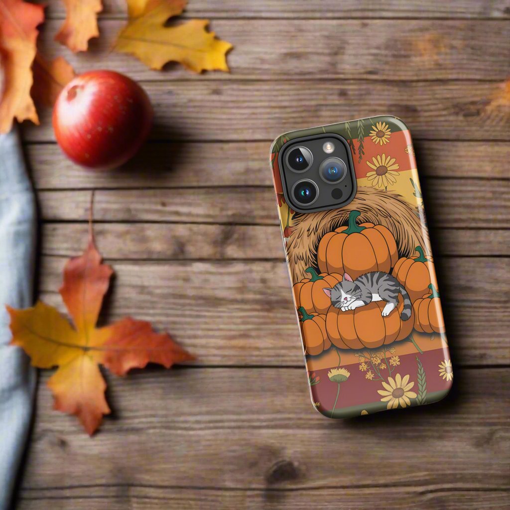 Fall Floral iPhone Case with Napping Cat on Pumpkins | Stylish & Durable Protection - Sublimegifts4u.com