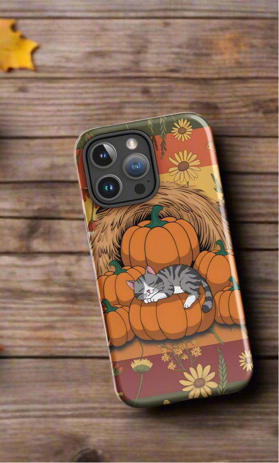 Fall Floral iPhone Case with Napping Cat on Pumpkins | Stylish & Durable Protection - Sublimegifts4u.com