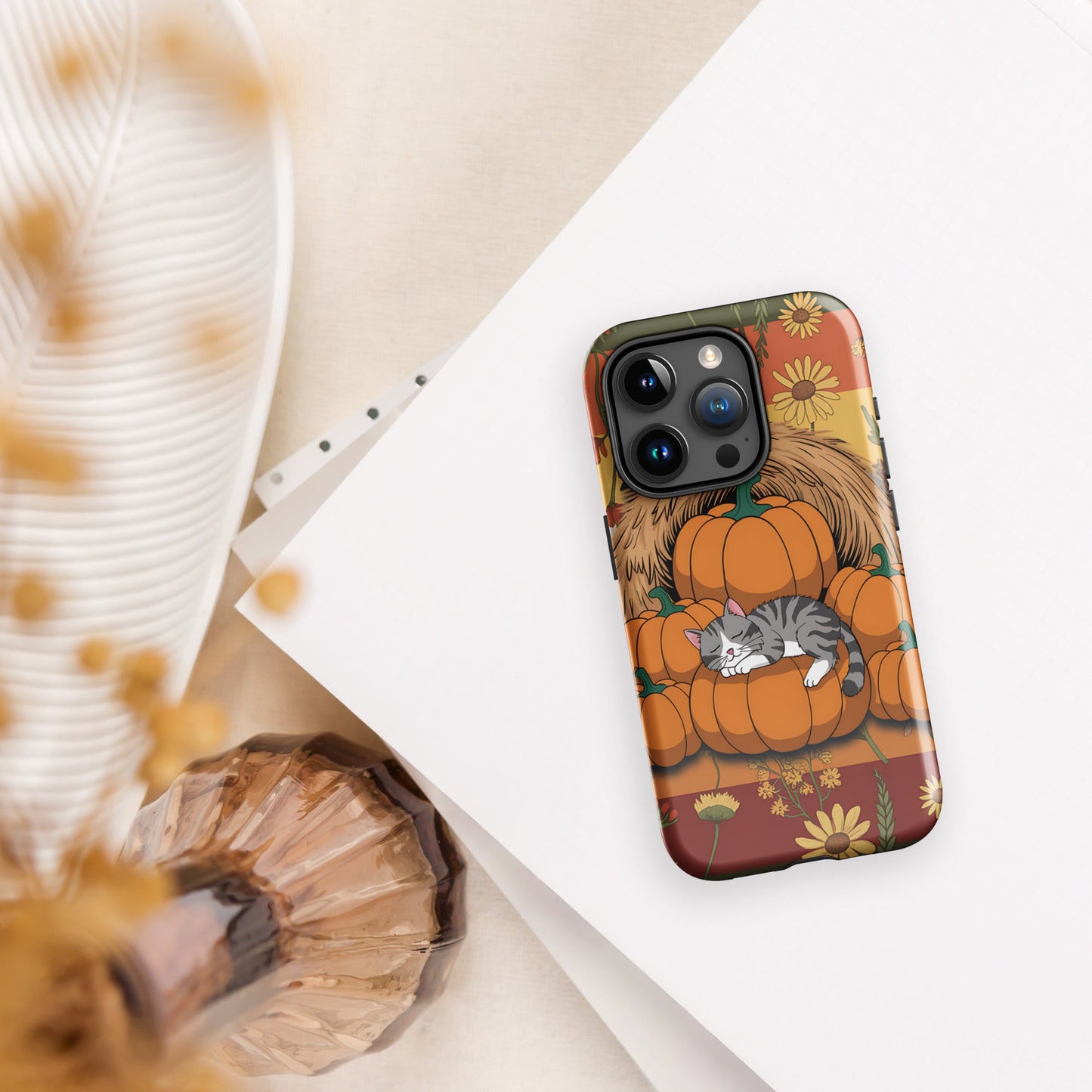 Fall Floral iPhone Case with Napping Cat on Pumpkins | Stylish & Durable Protection - Sublimegifts4u.com