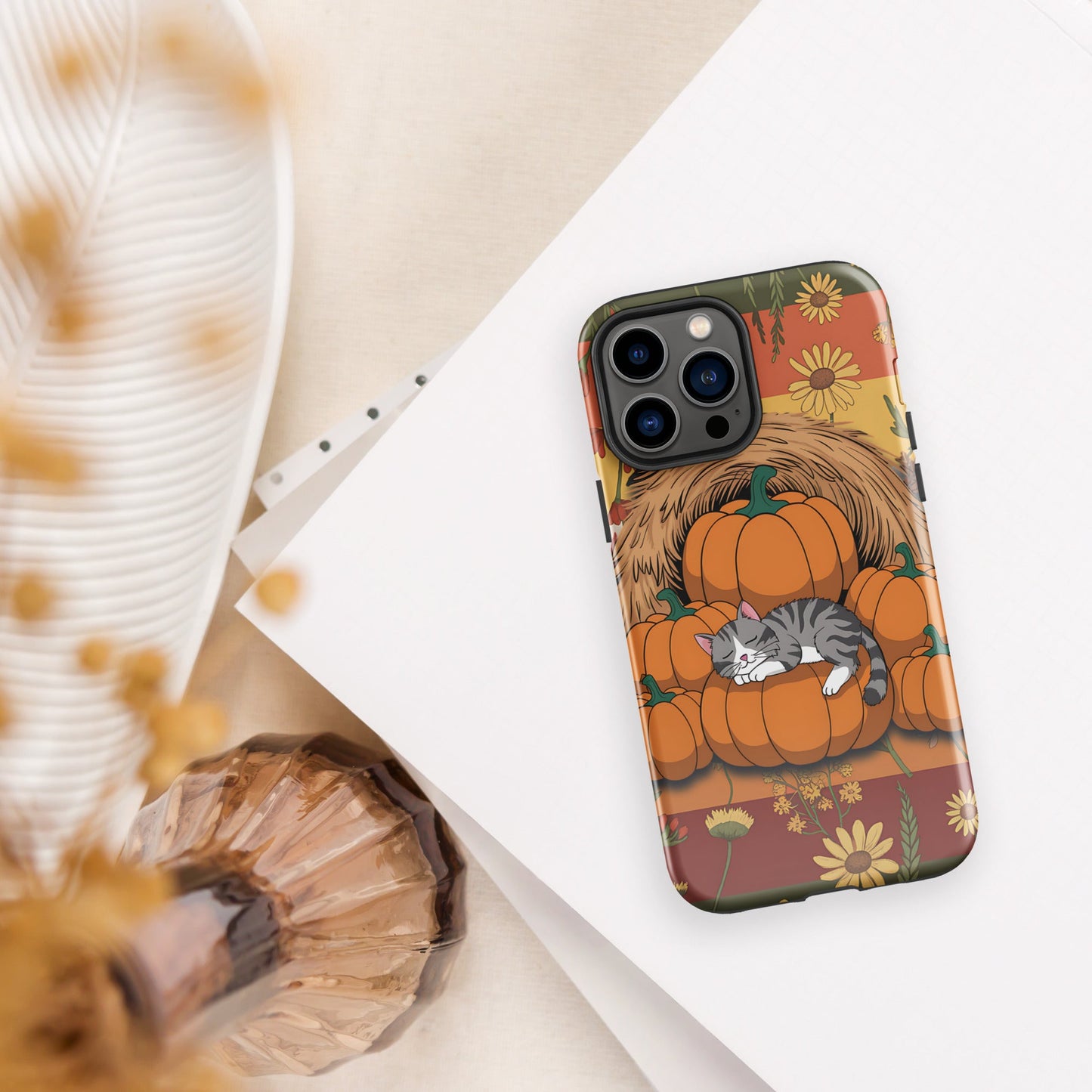 Fall Floral iPhone Case with Napping Cat on Pumpkins | Stylish & Durable Protection - Sublimegifts4u.com