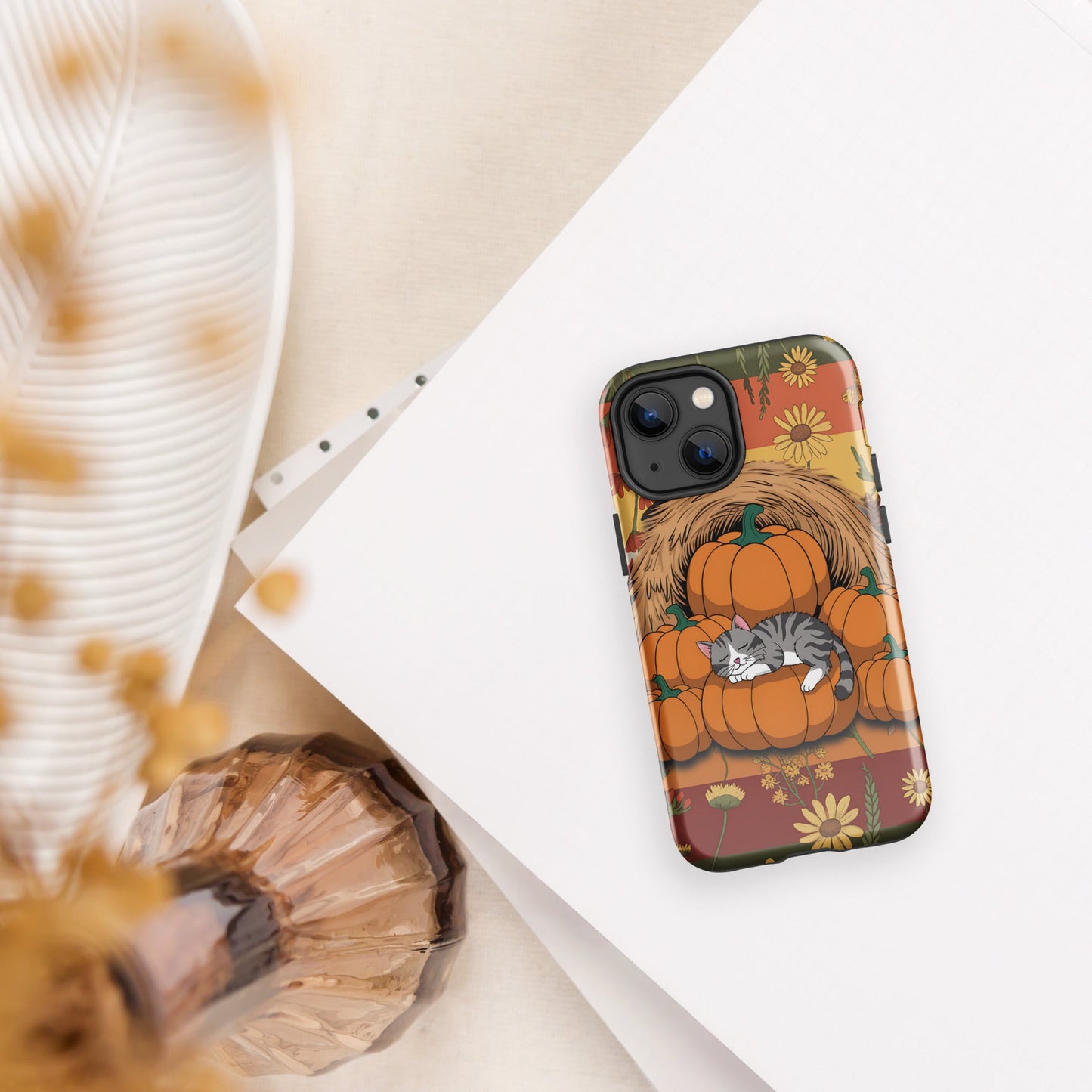 Fall Floral iPhone Case with Napping Cat on Pumpkins | Stylish & Durable Protection - Sublimegifts4u.com