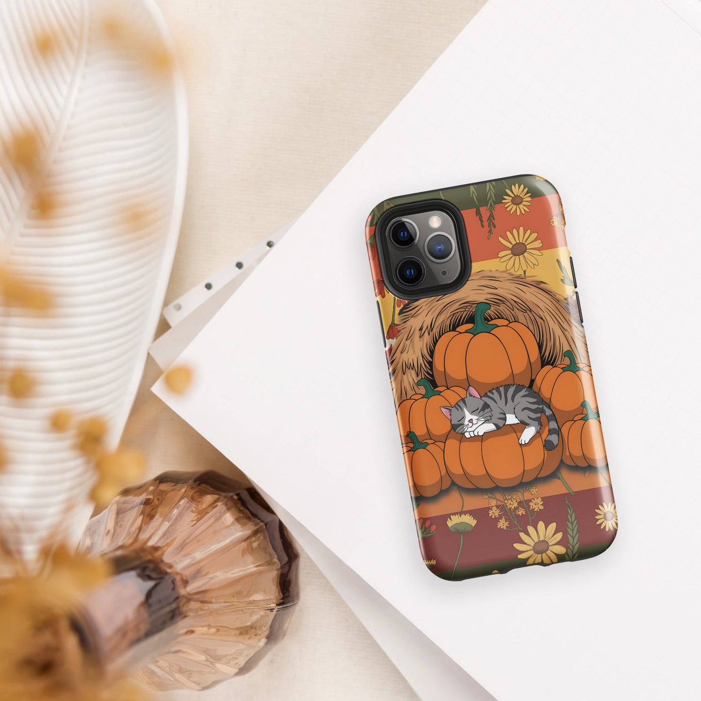 Fall Floral iPhone Case with Napping Cat on Pumpkins | Stylish & Durable Protection - Sublimegifts4u.com