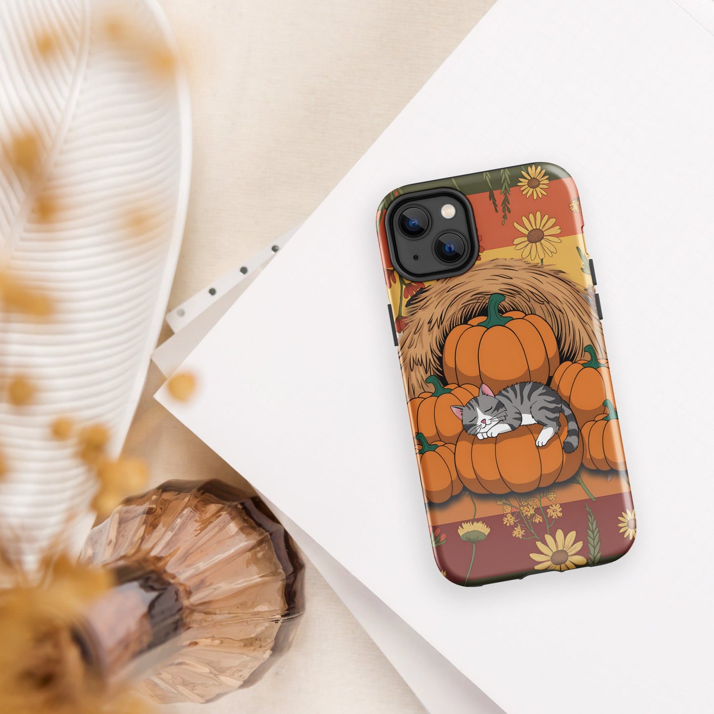 Fall Floral iPhone Case with Napping Cat on Pumpkins | Stylish & Durable Protection - Sublimegifts4u.com