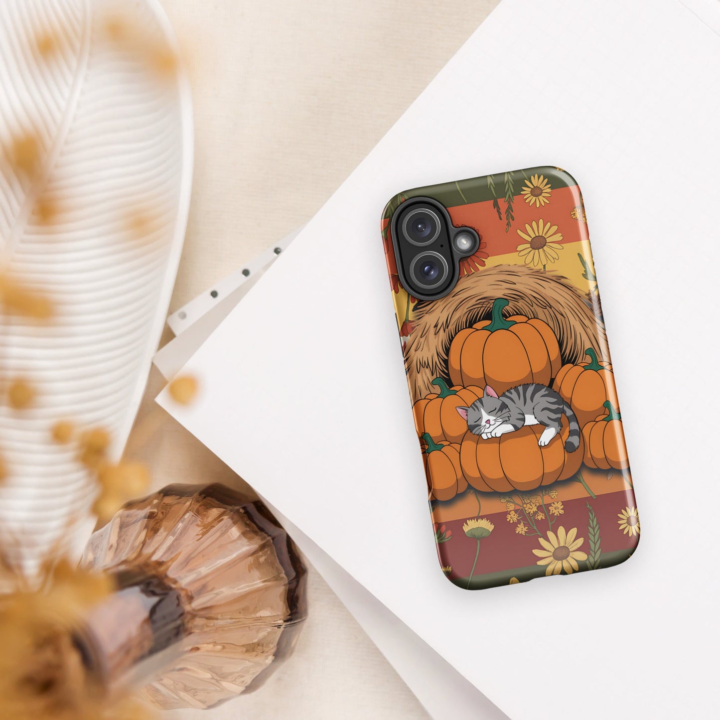 Fall Floral iPhone Case with Napping Cat on Pumpkins | Stylish & Durable Protection - Sublimegifts4u.com