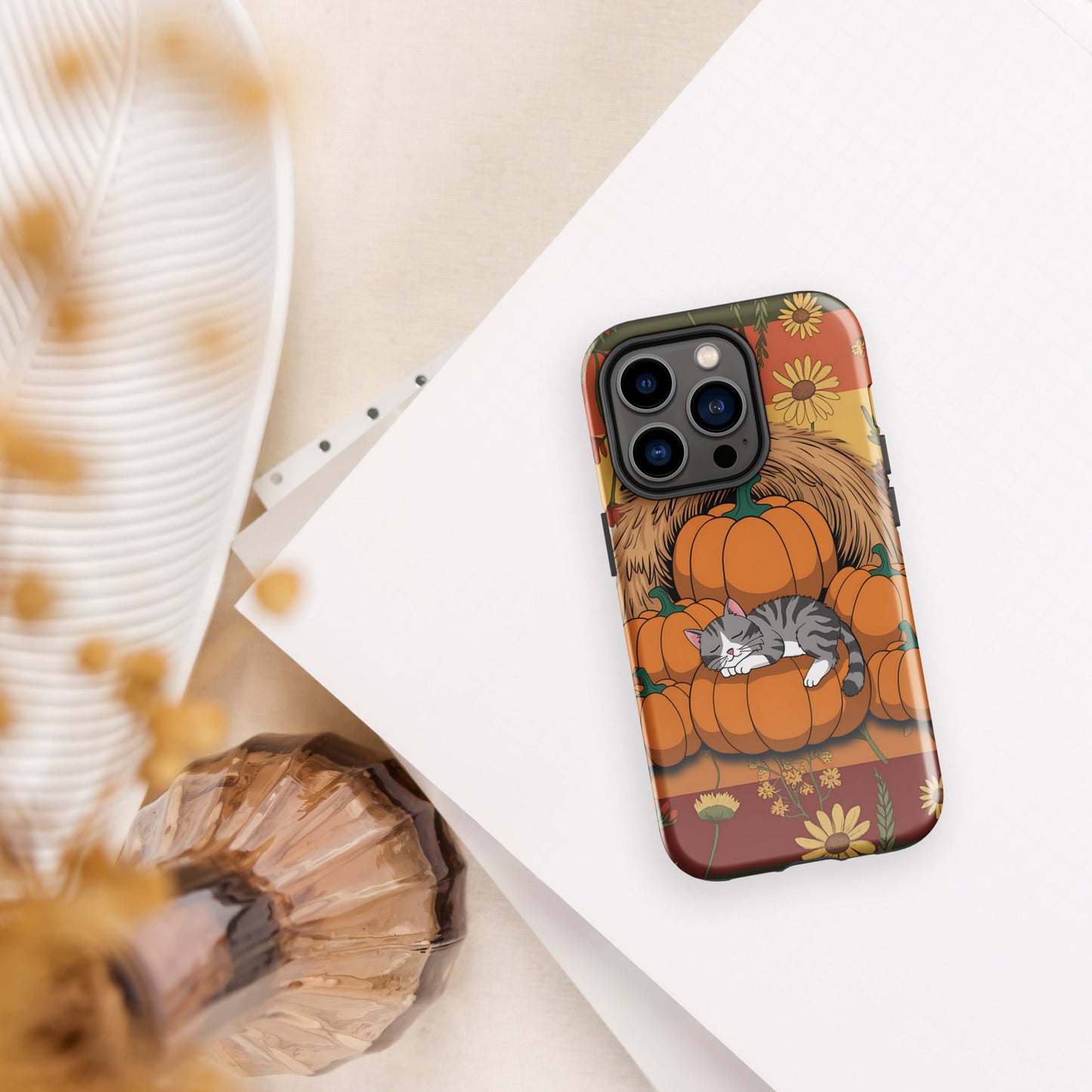 Fall Floral iPhone Case with Napping Cat on Pumpkins | Stylish & Durable Protection - Sublimegifts4u.com