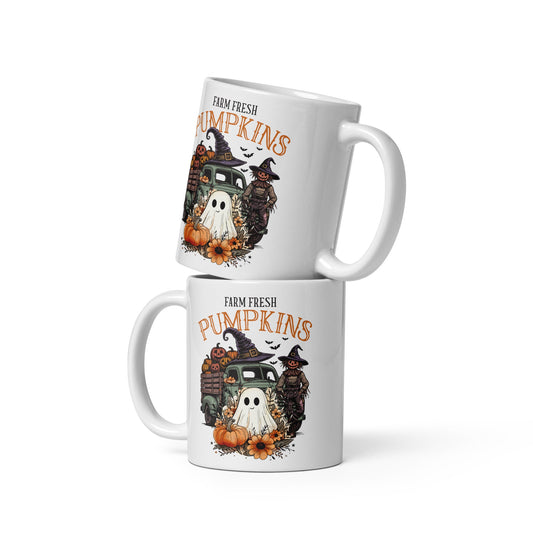 Farm Fresh Autumn Fall 11oz Ceramic Mug - Truck, Ghost & Scarecrow Design - Sublimegifts4u.com