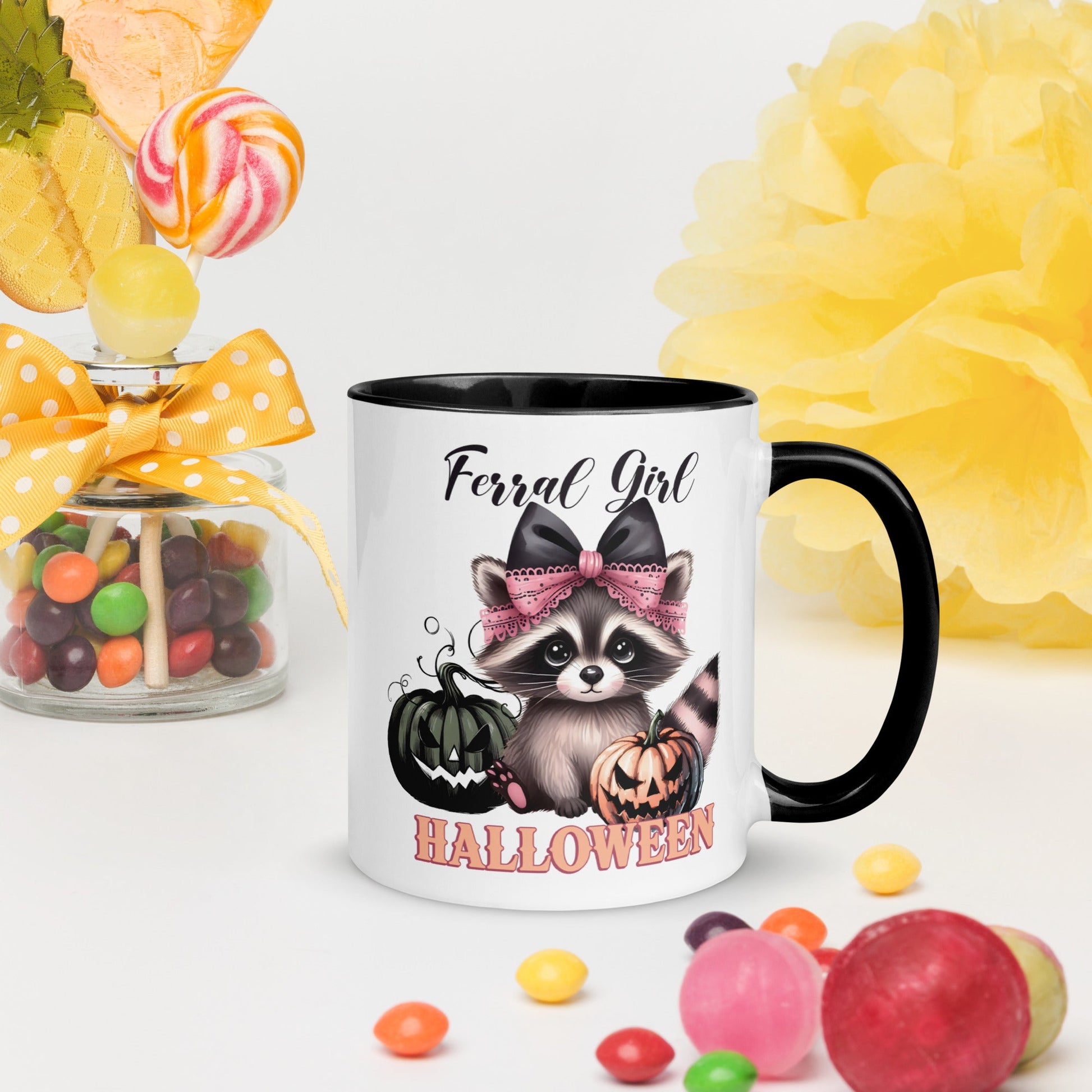 Fun Halloween Accent Mug: 'Feral Girl Halloween' with Raccoon & Pumpkins - Sublimegifts4u.com