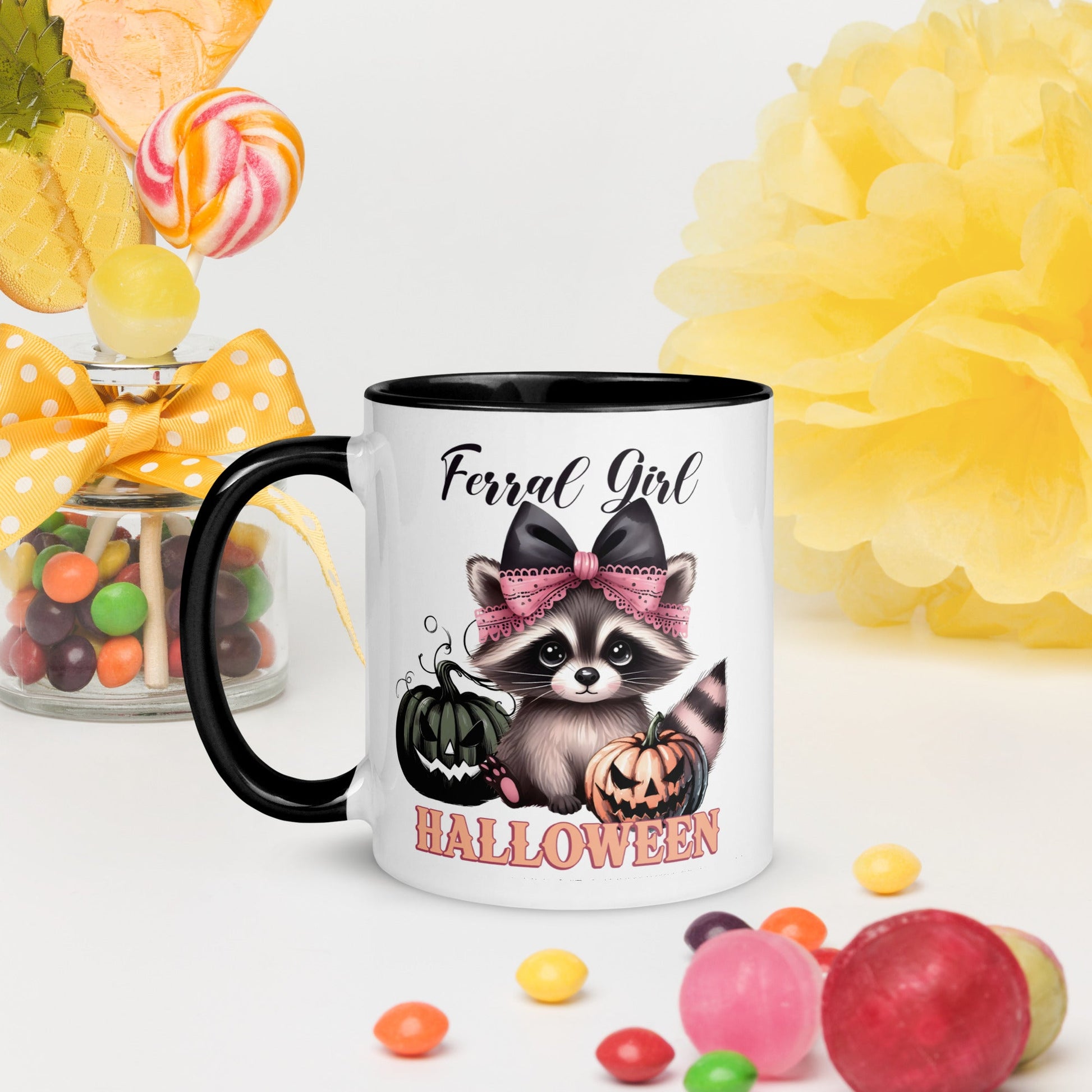 Fun Halloween Accent Mug: 'Feral Girl Halloween' with Raccoon & Pumpkins - Sublimegifts4u.com