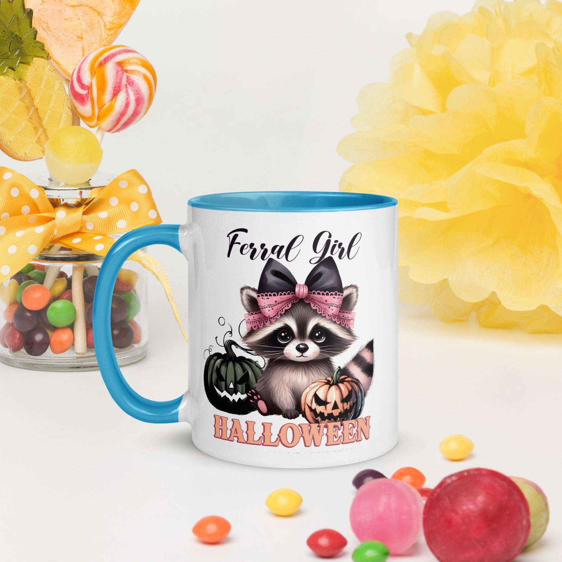 Fun Halloween Accent Mug: 'Feral Girl Halloween' with Raccoon & Pumpkins - Sublimegifts4u.com