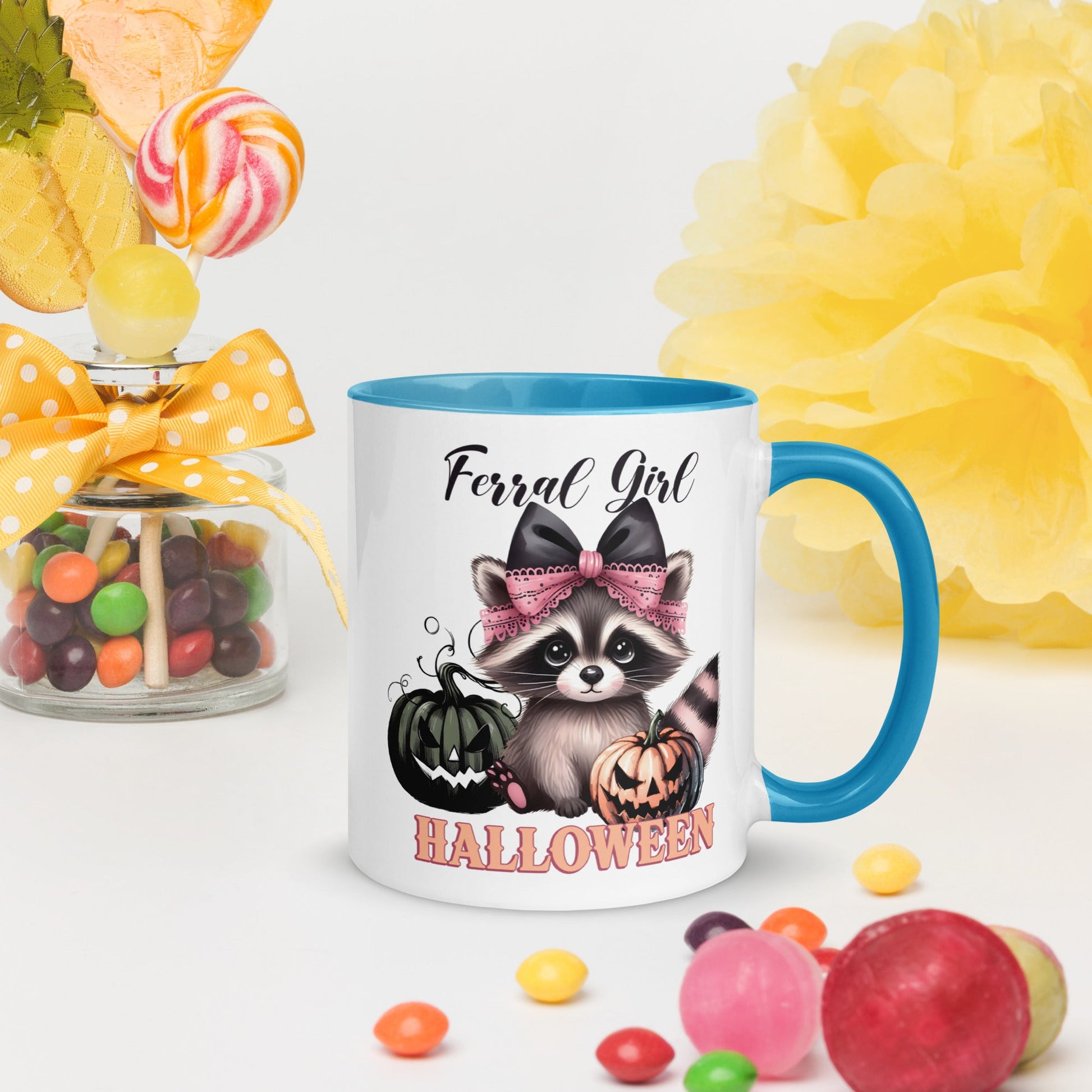 Fun Halloween Accent Mug: 'Feral Girl Halloween' with Raccoon & Pumpkins - Sublimegifts4u.com