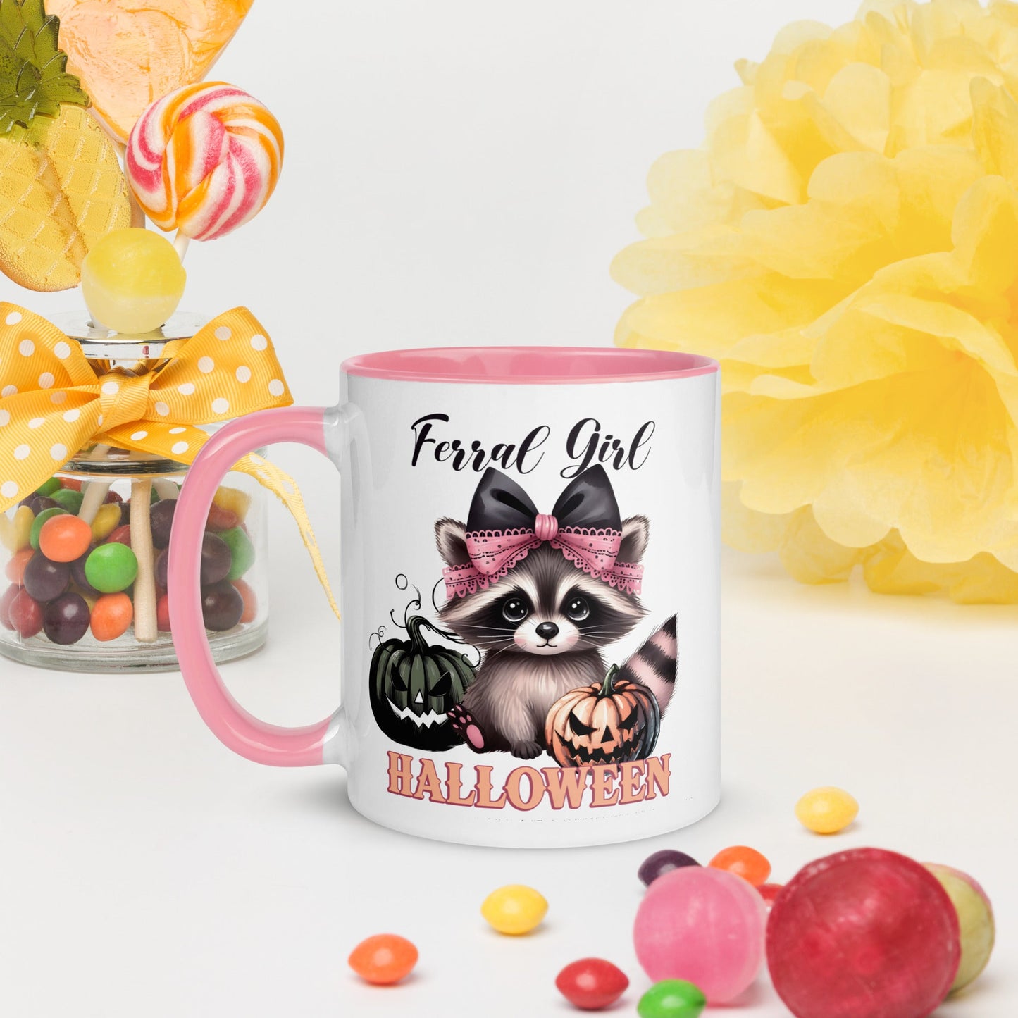 Fun Halloween Accent Mug: 'Feral Girl Halloween' with Raccoon & Pumpkins - Sublimegifts4u.com