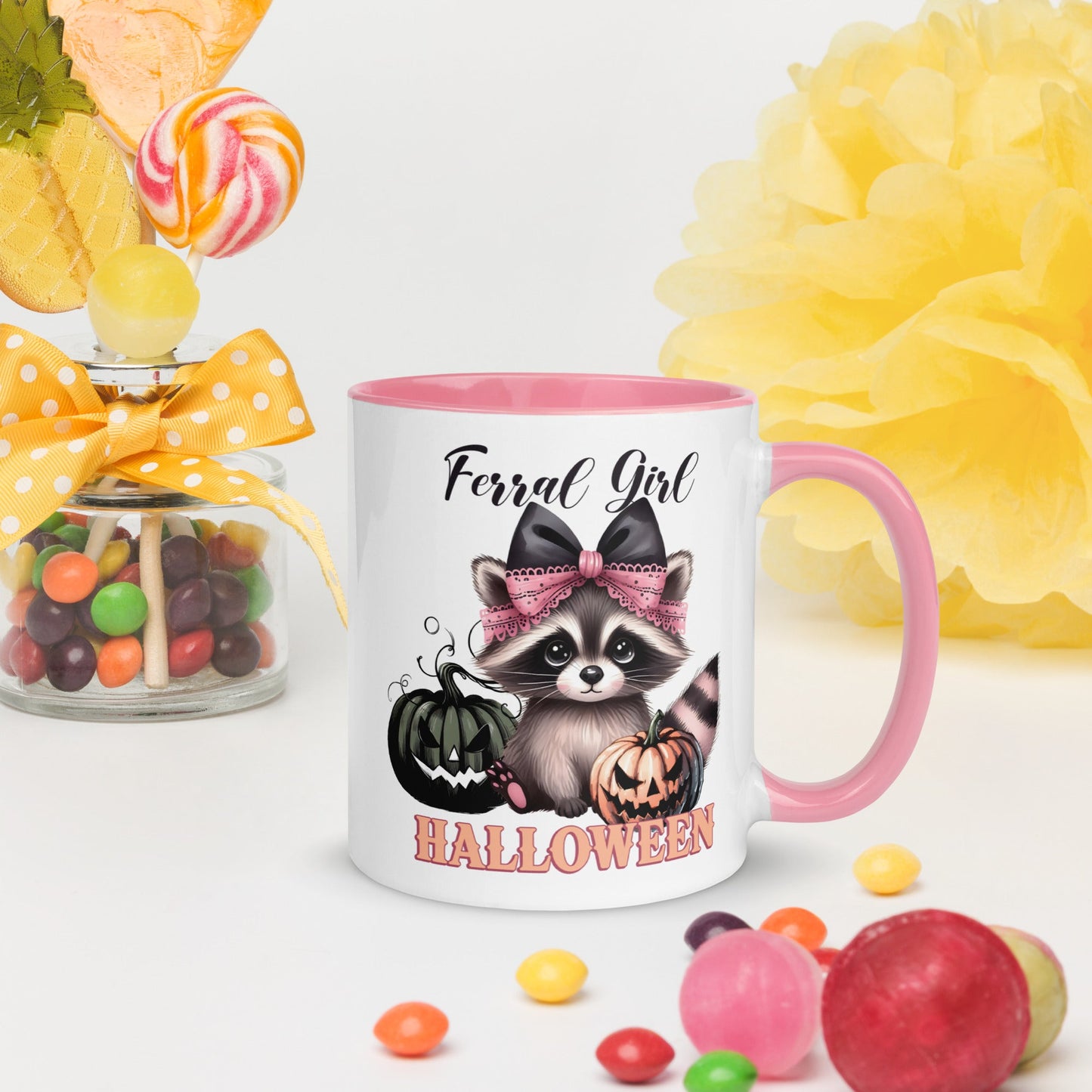 Fun Halloween Accent Mug: 'Feral Girl Halloween' with Raccoon & Pumpkins - Sublimegifts4u.com