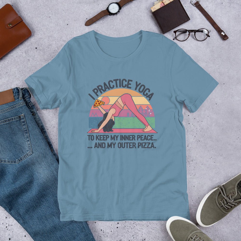 Funny Women's Yoga & Pizza T-Shirt - "I Practice Yoga to Keep My Inner Peace and My Outer Pizza - Sublimegifts4u.com