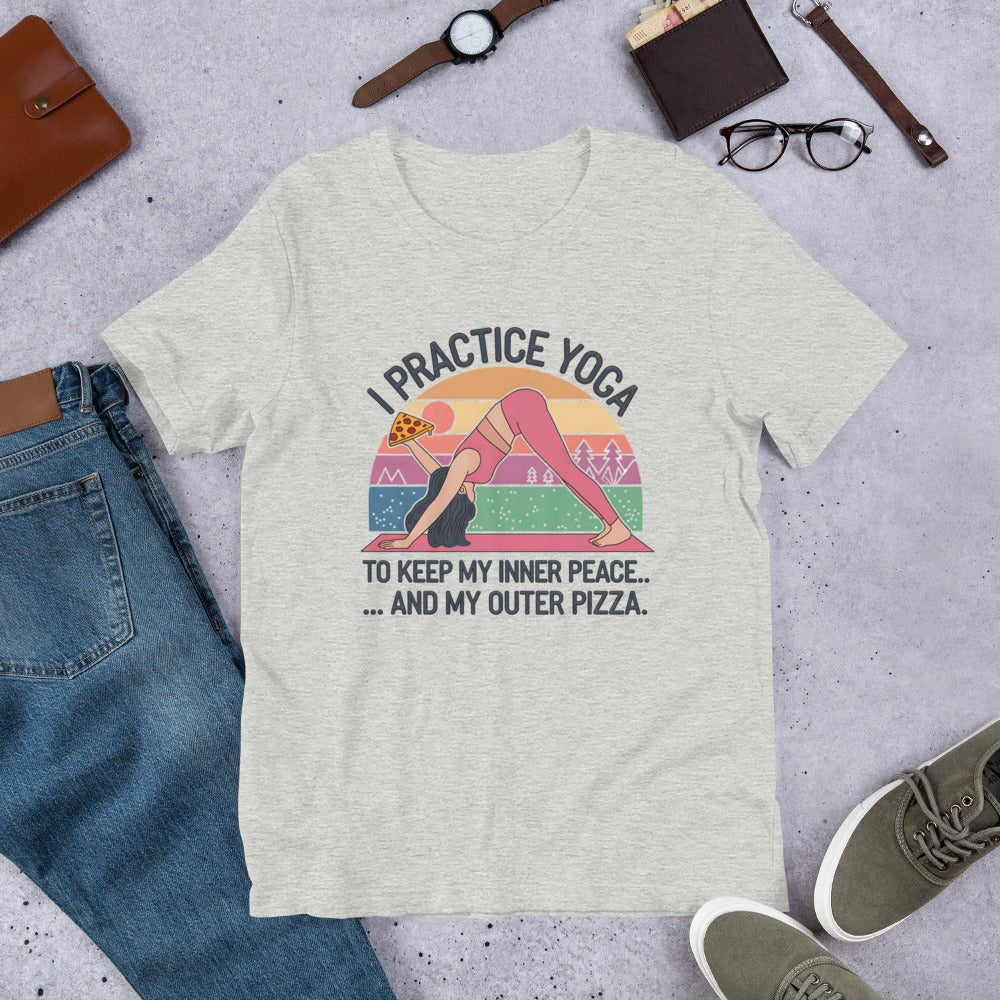 Funny Women's Yoga & Pizza T-Shirt - "I Practice Yoga to Keep My Inner Peace and My Outer Pizza - Sublimegifts4u.com