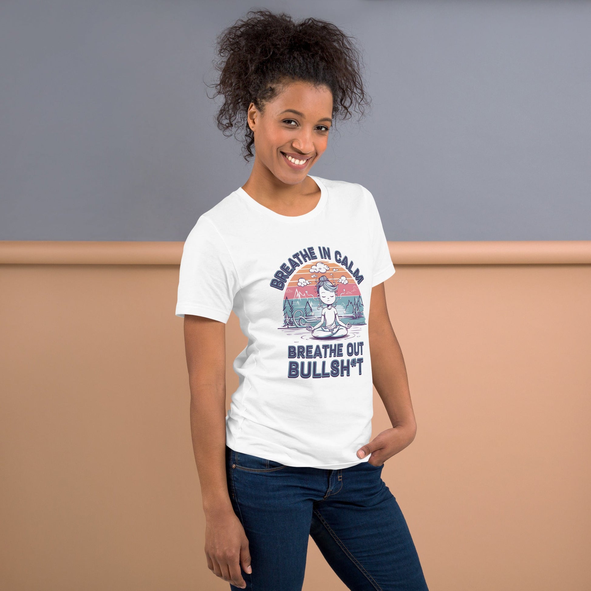 Funny Women's Yoga T-Shirt - "Breathe In Calm, Breathe Out Bullsh*t" - Soft & Lightweight - Sublimegifts4u.com