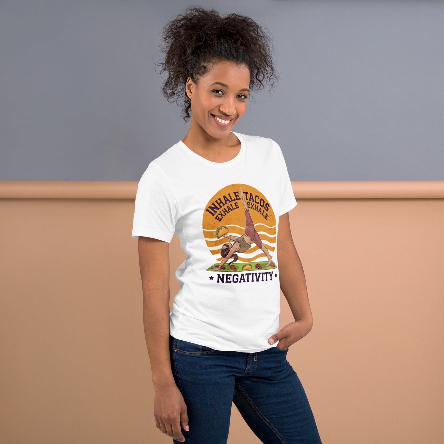 Funny Women's Yoga T-Shirt - "Inhale Tacos, Exhale Negativity" - Soft & Comfortable - Sublimegifts4u.com