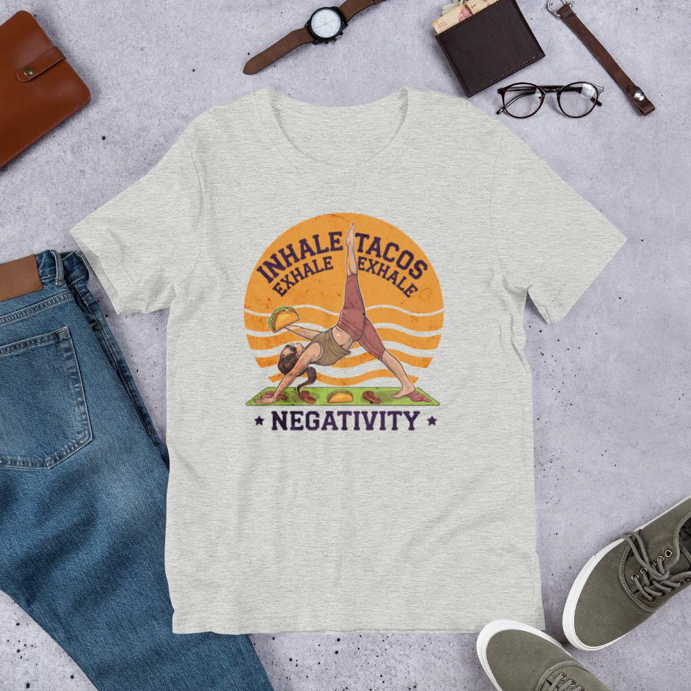 Funny Women's Yoga T-Shirt - "Inhale Tacos, Exhale Negativity" - Soft & Comfortable - Sublimegifts4u.com