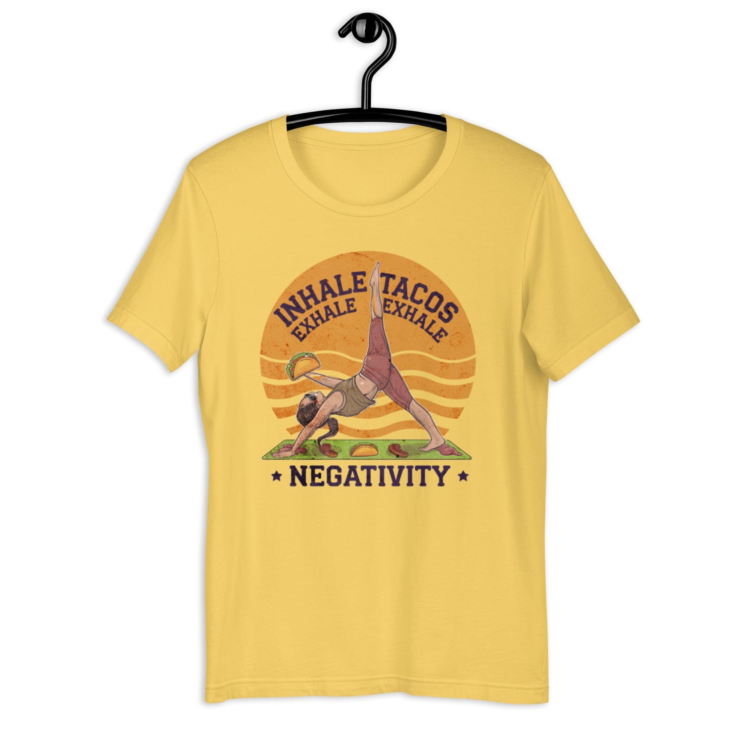 Funny Women's Yoga T-Shirt - "Inhale Tacos, Exhale Negativity" - Soft & Comfortable - Sublimegifts4u.com