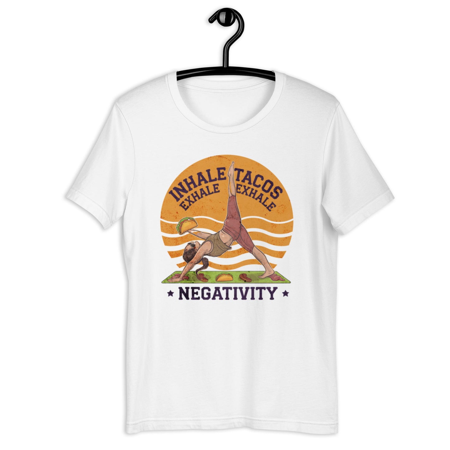 Funny Women's Yoga T-Shirt - "Inhale Tacos, Exhale Negativity" - Soft & Comfortable - Sublimegifts4u.com