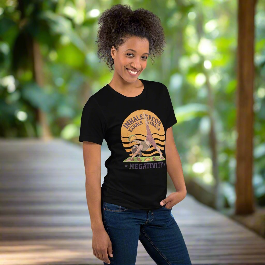 Funny Women's Yoga T-Shirt - "Inhale Tacos, Exhale Negativity" - Soft & Comfortable - Sublimegifts4u.com