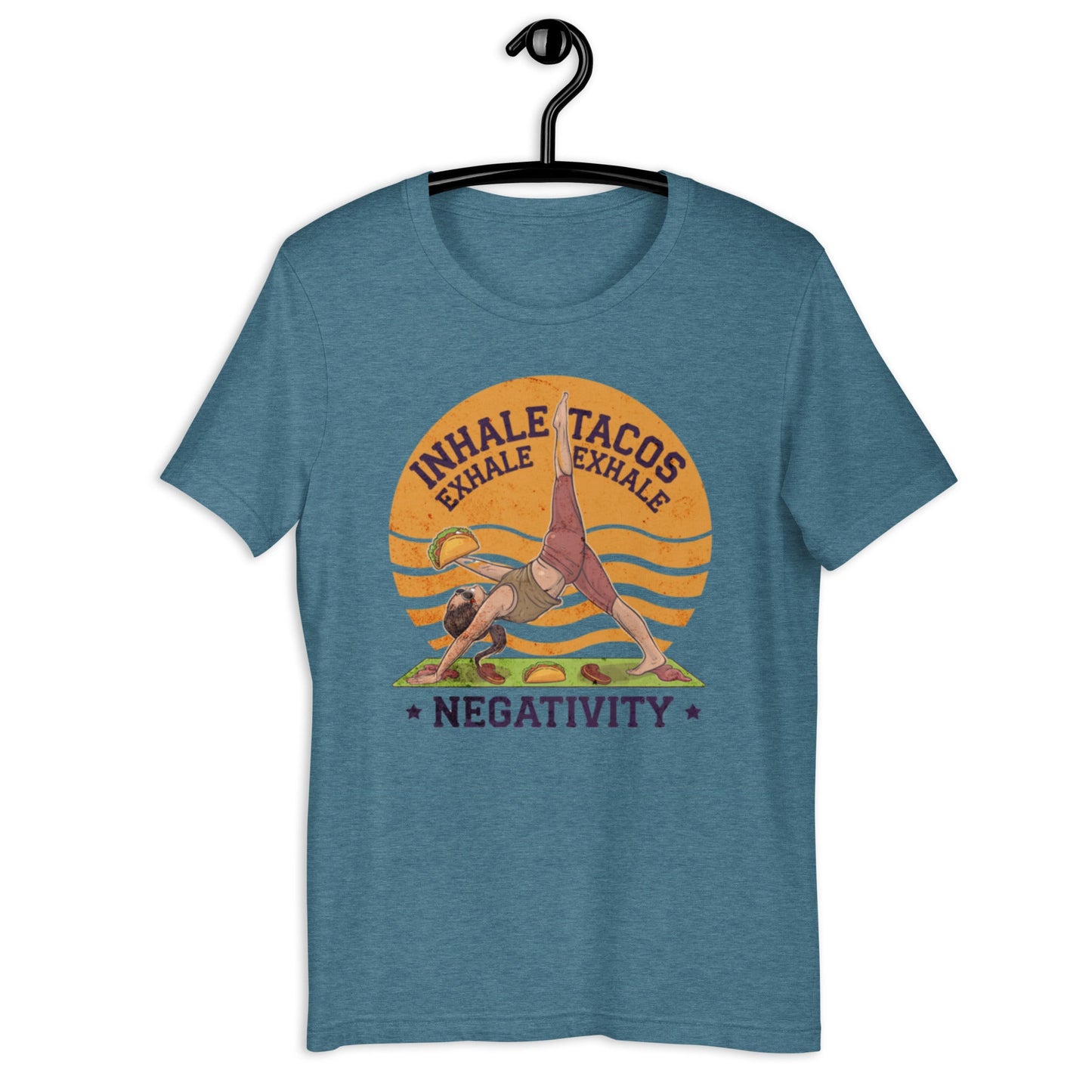 Funny Women's Yoga T-Shirt - "Inhale Tacos, Exhale Negativity" - Soft & Comfortable - Sublimegifts4u.com